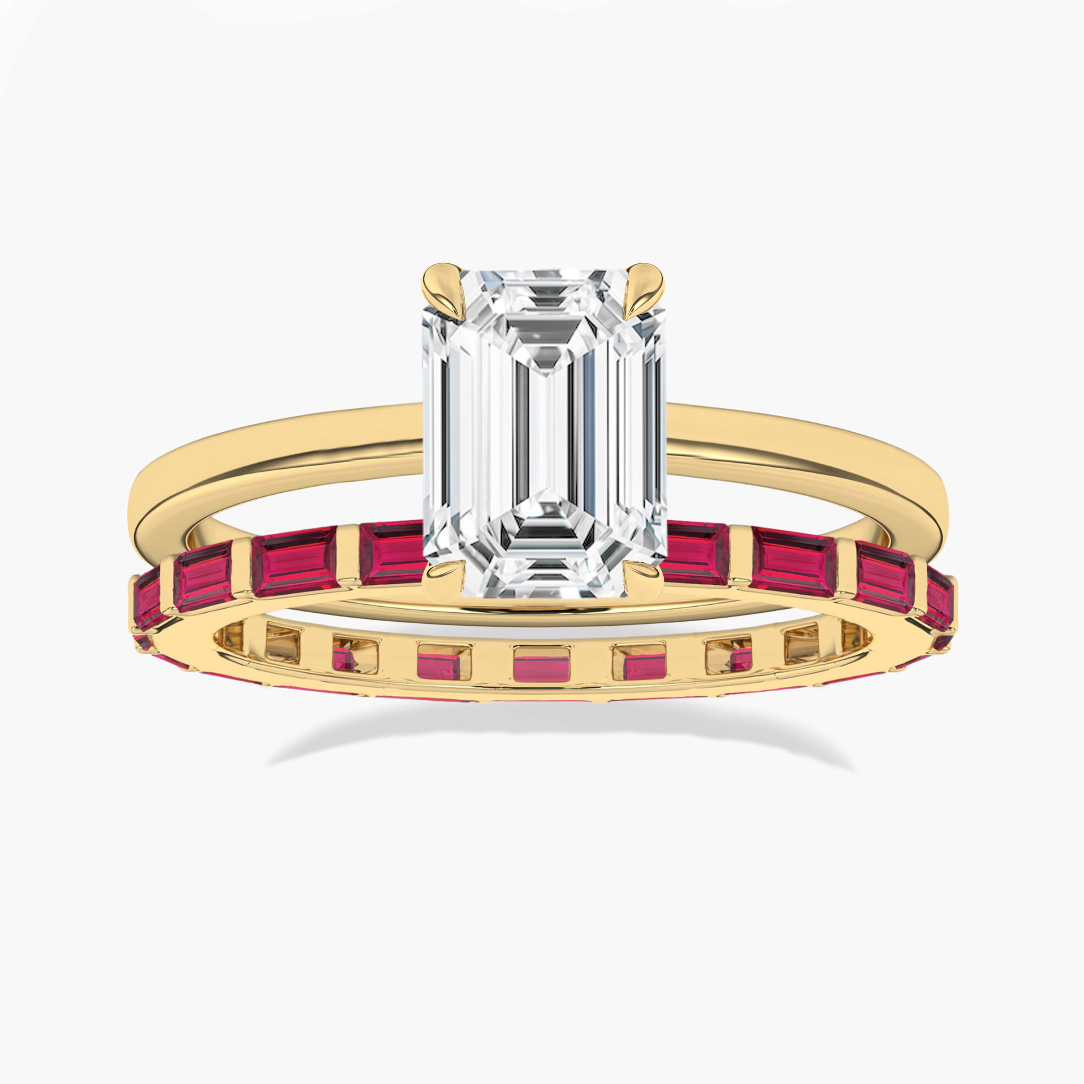 Emerald Cut Diamond Ring With Baguette Cut Ruby Eternity Band