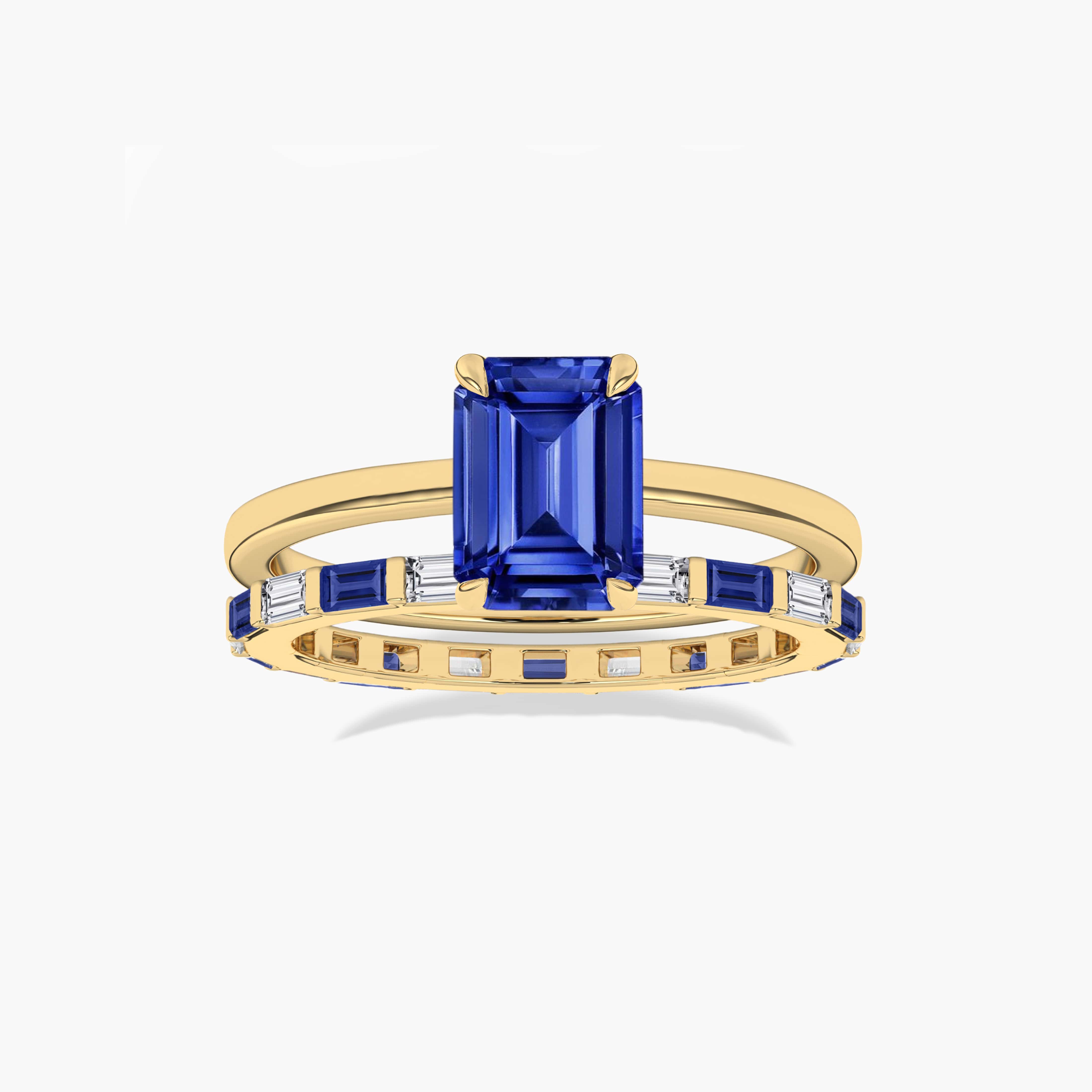 Blue Sapphire & White Baguette Half Eternity Band with blue sapphire solitaire ring