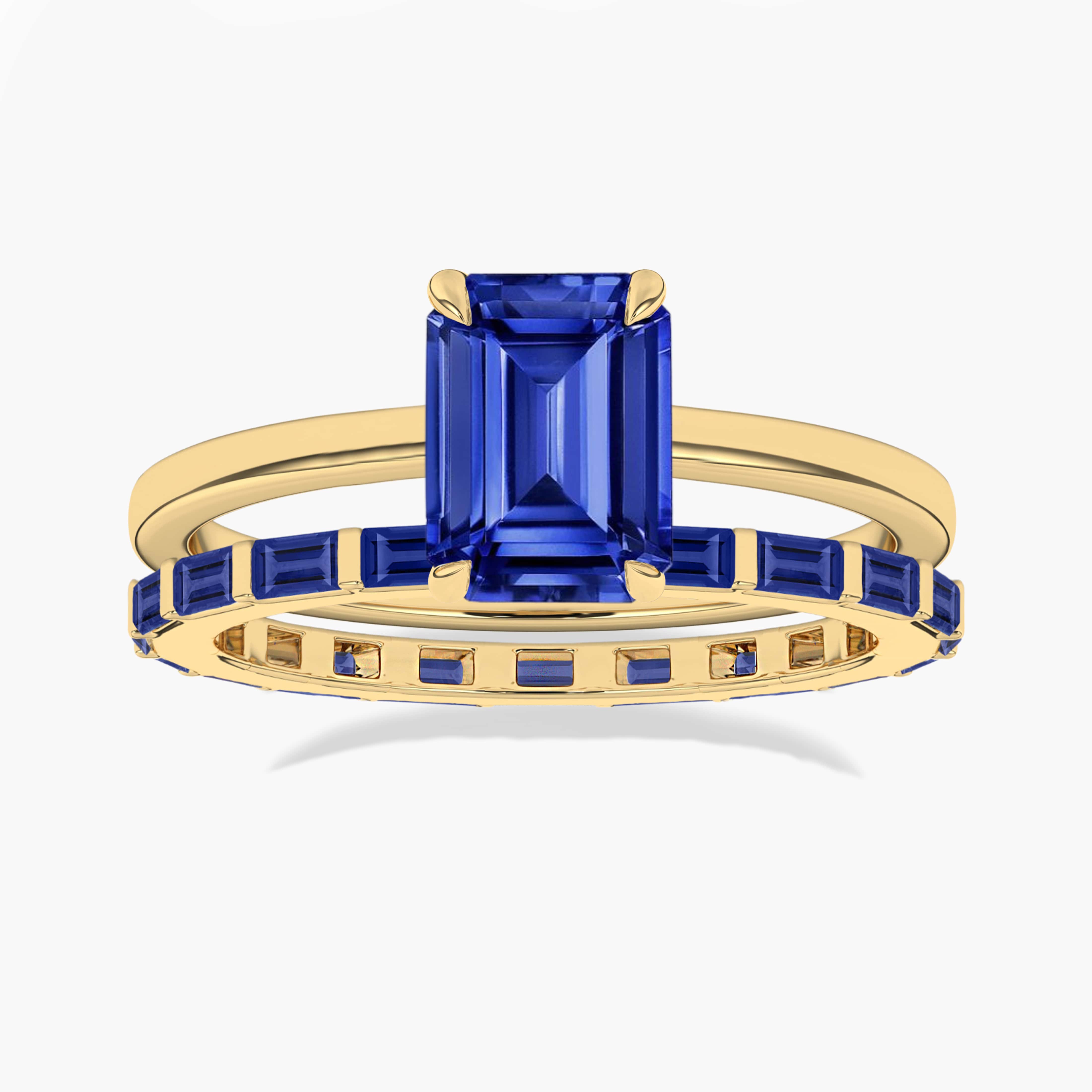 Blue Sapphire Emerald Cut Ring With Baguette Cut Eternity Band In Yellow Gold