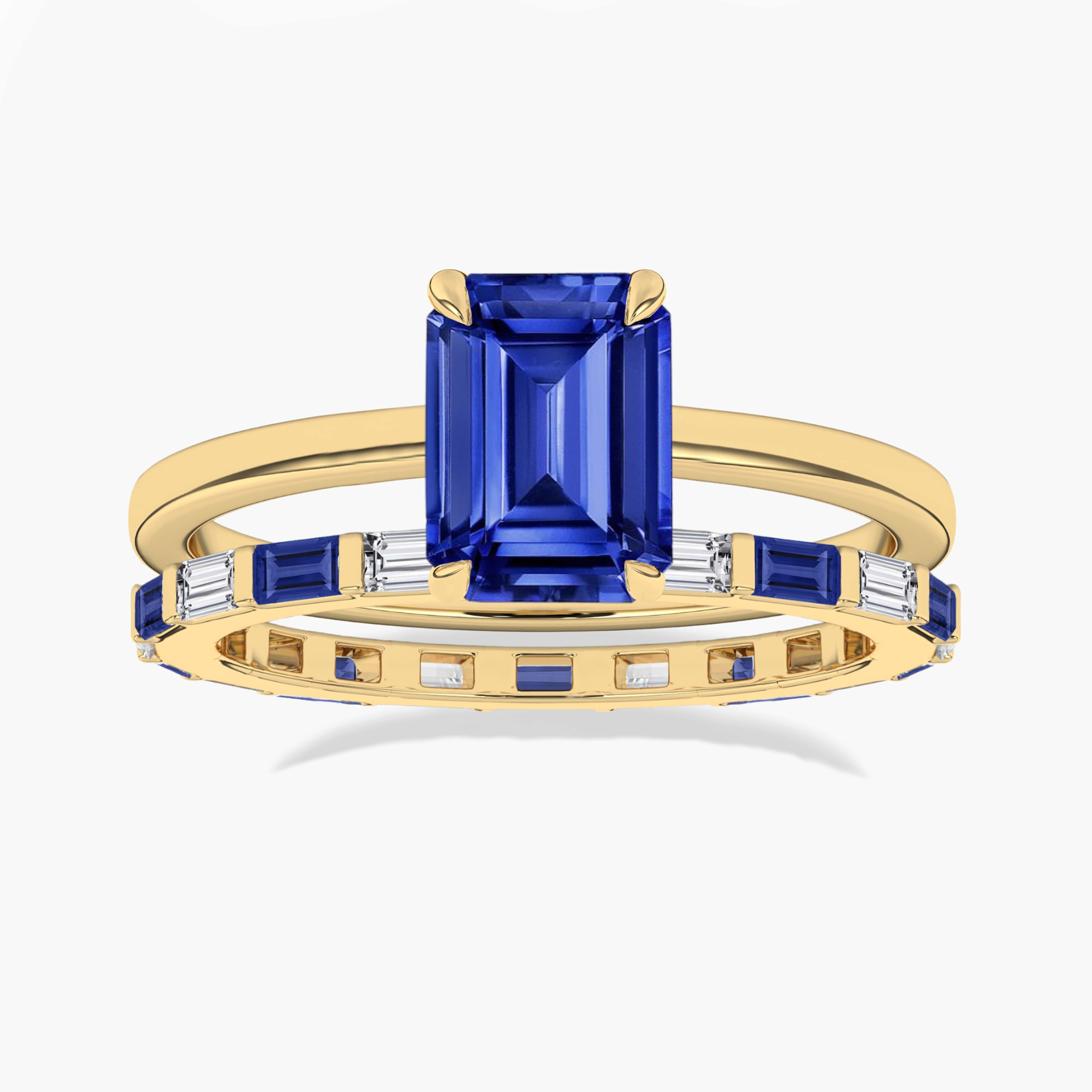 Blue Sapphire Solitaire Ring And Blue Sapphire With Baguette Diamond Eternity Band  In Yellow Gold