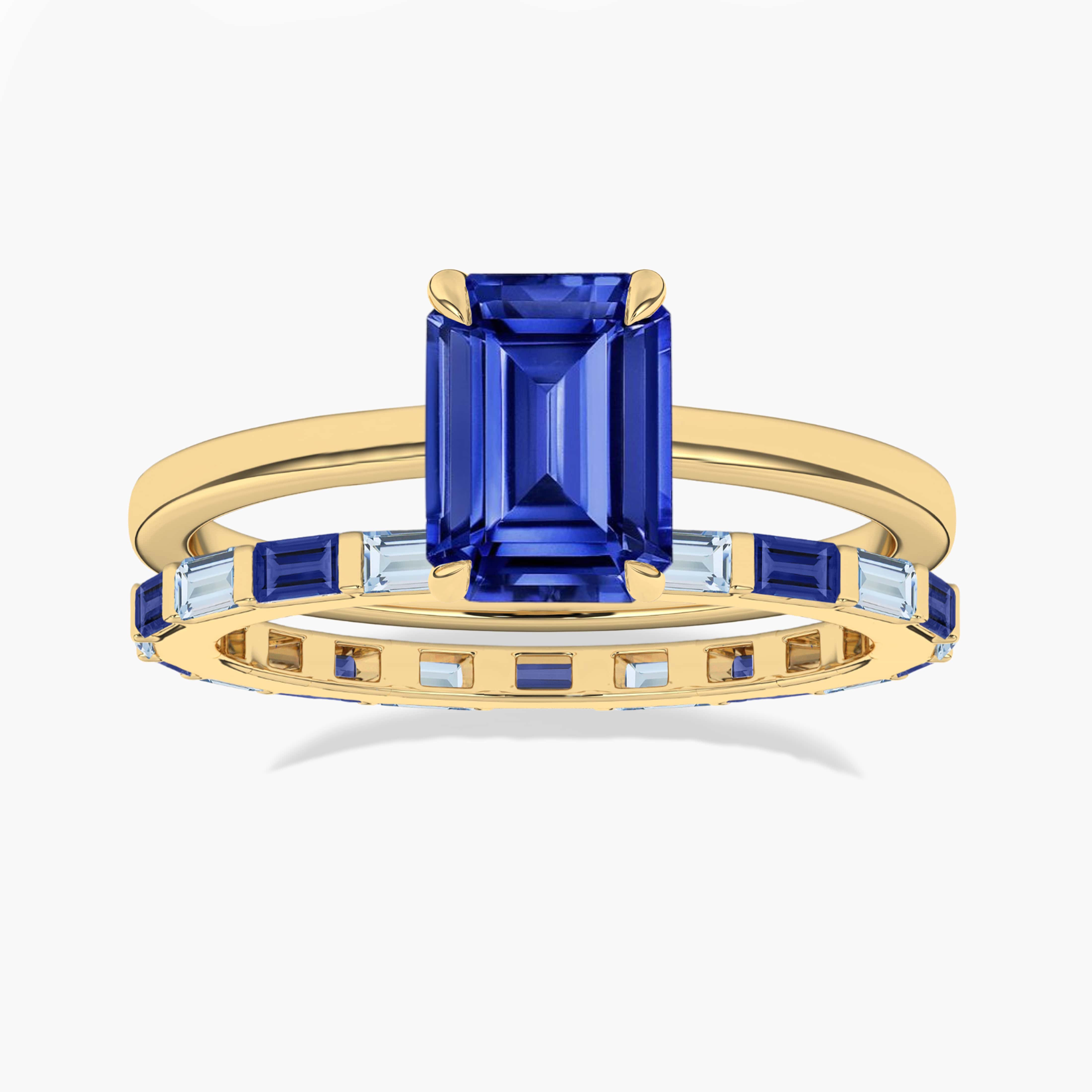 Emerald Cut Ring And  Band In Blue Sapphire And Aquamarine Baguette Cut Eternity Band In Yellow Gold