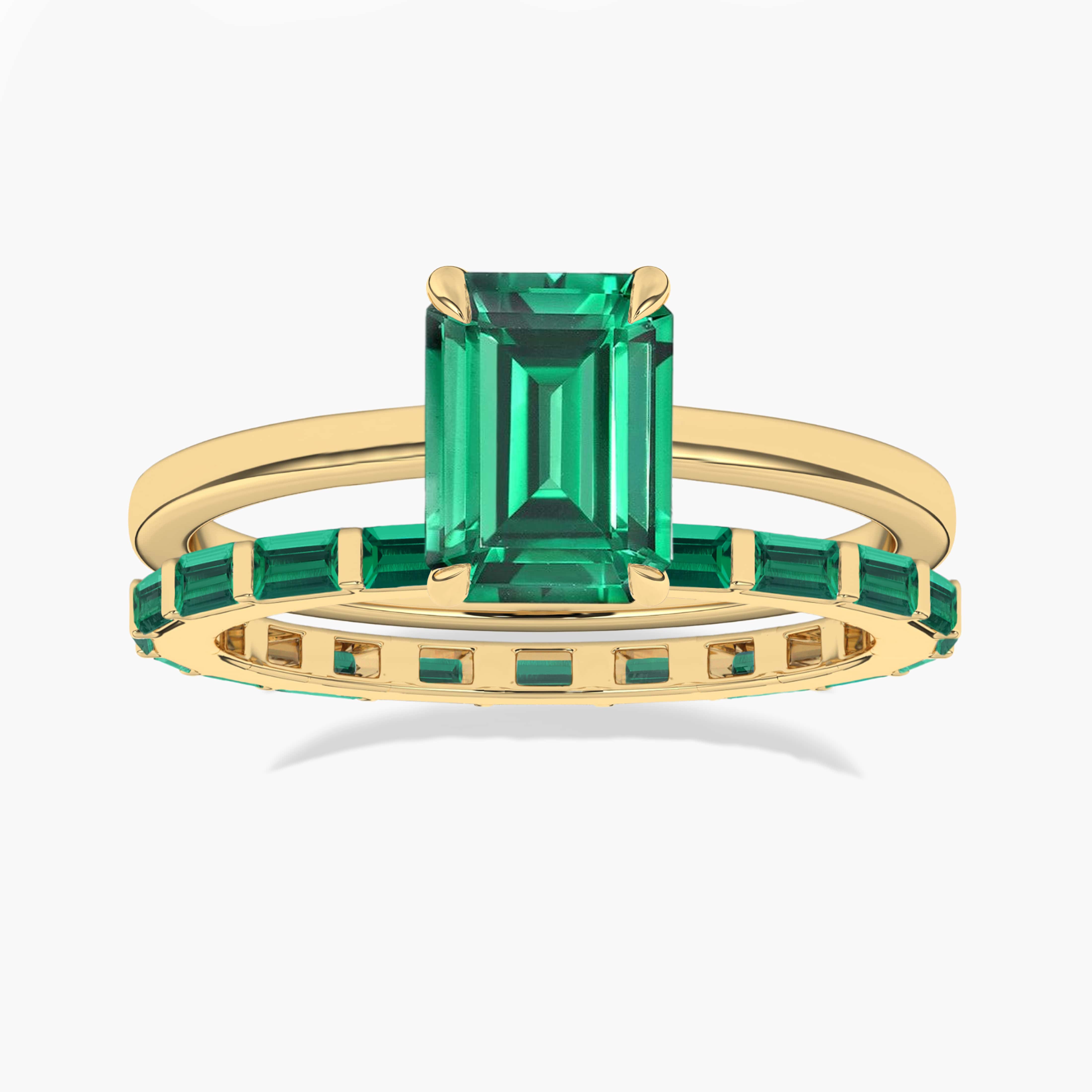 Green Emerald Cut Solitaire Ring With Baguette Cut Eternity Band