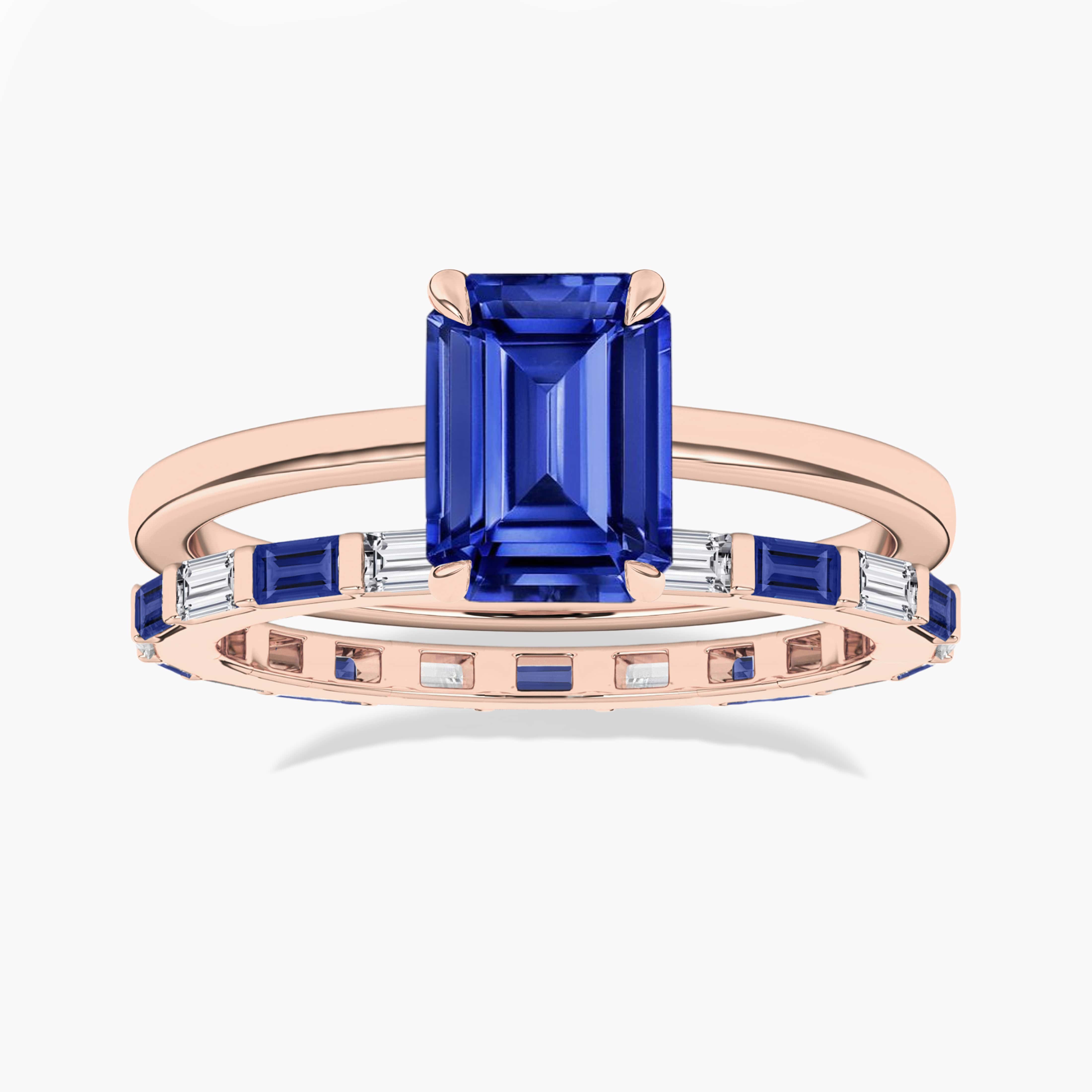 Blue Sapphire Solitaire Ring And Blue Sapphire With Baguette Diamond Eternity Band In Rose Gold