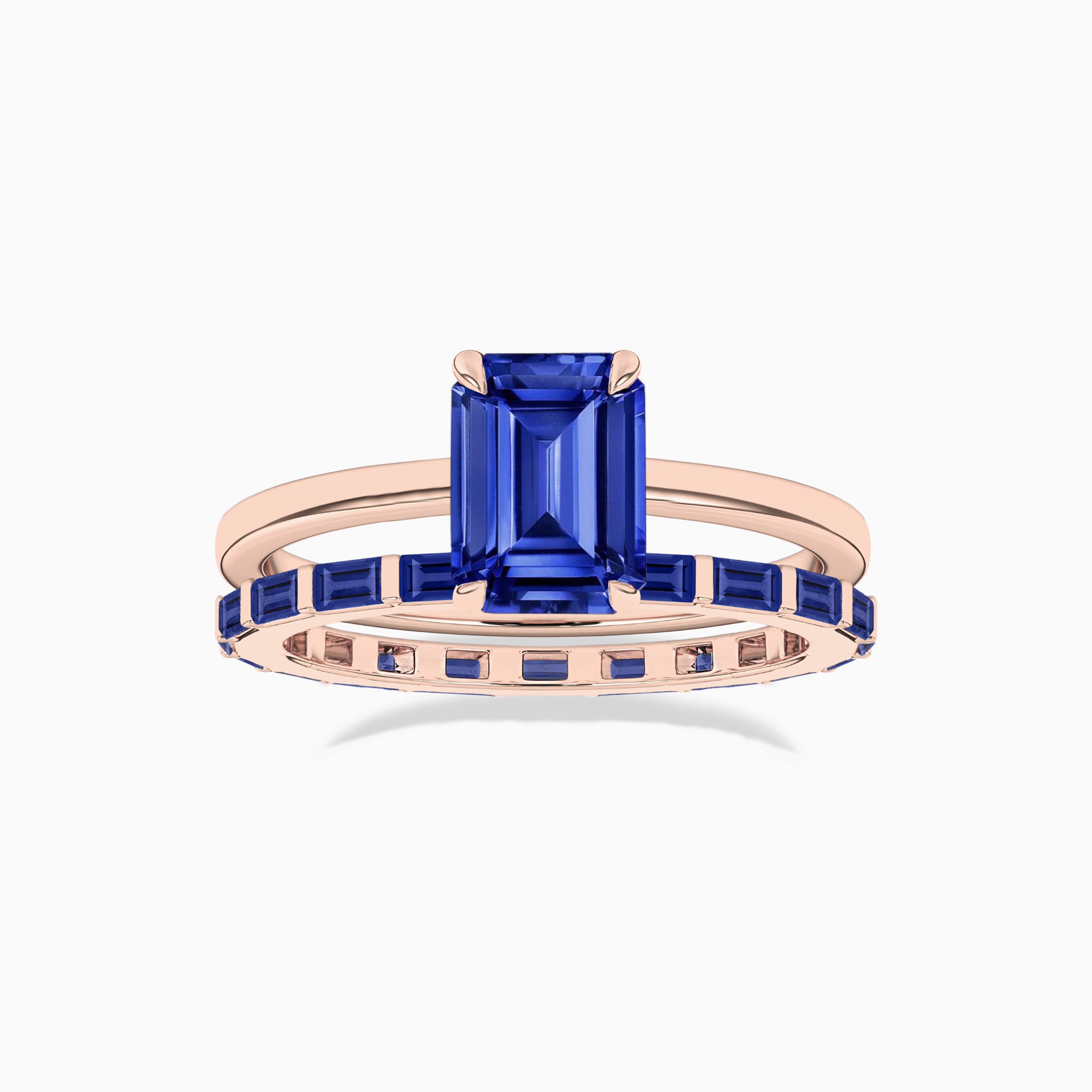 Blue Sapphire Emerald Cut Ring With Baguette Cut Eternity Band In Rose Gold