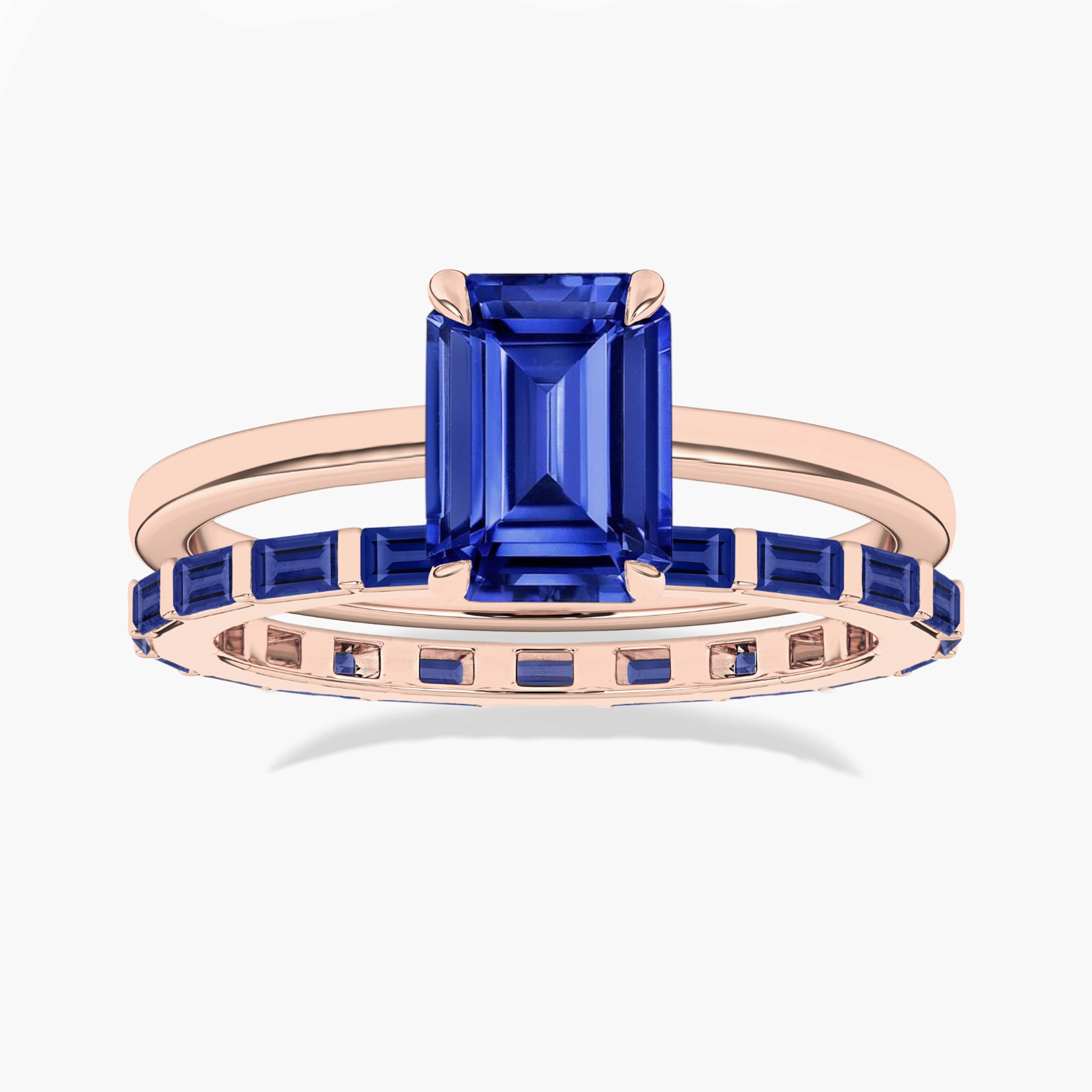 Blue Sapphire Emerald Cut Ring With Baguette Cut Eternity Band In Rose Gold