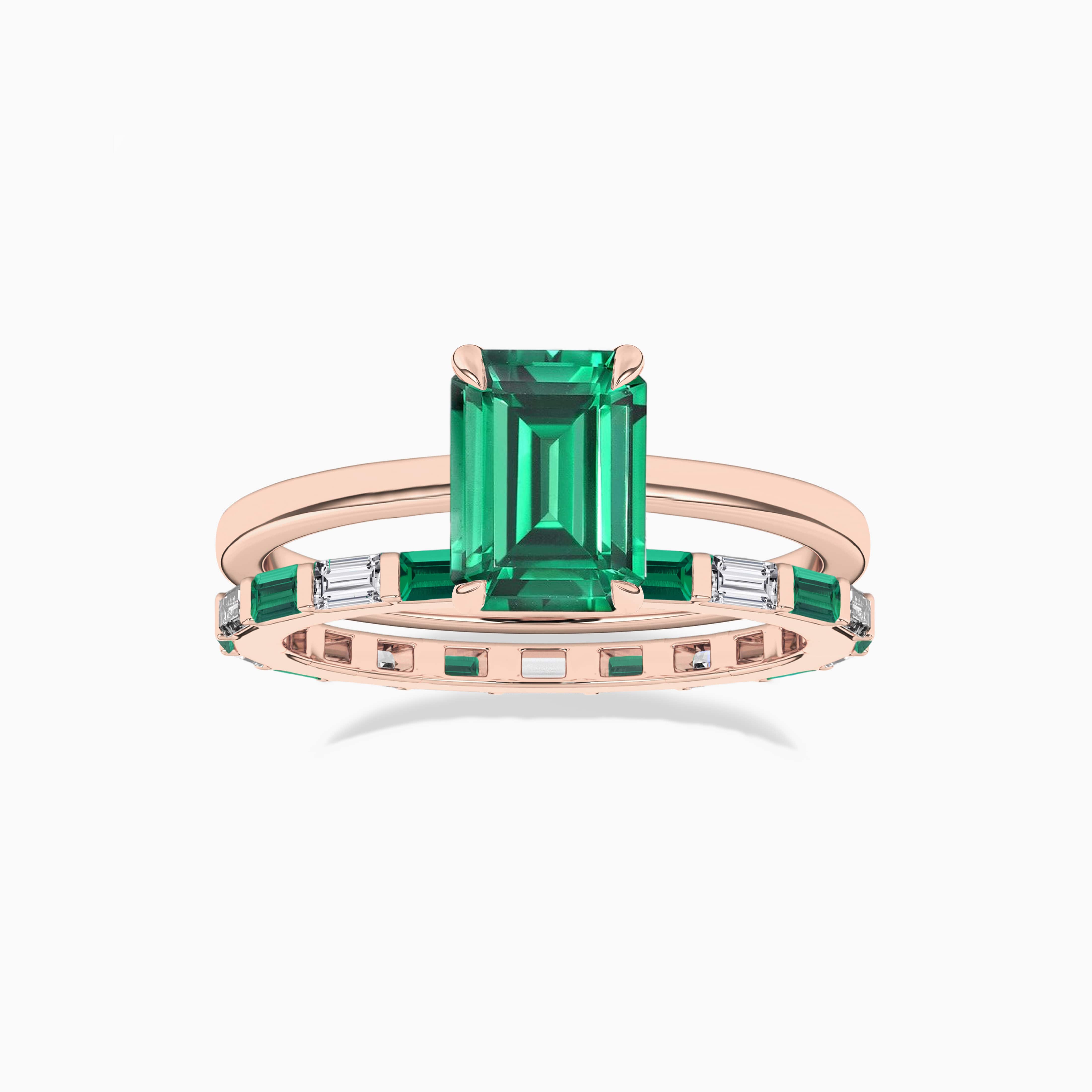 Emerald and White Baguette Half Eternity Band with emerald gemstone ring