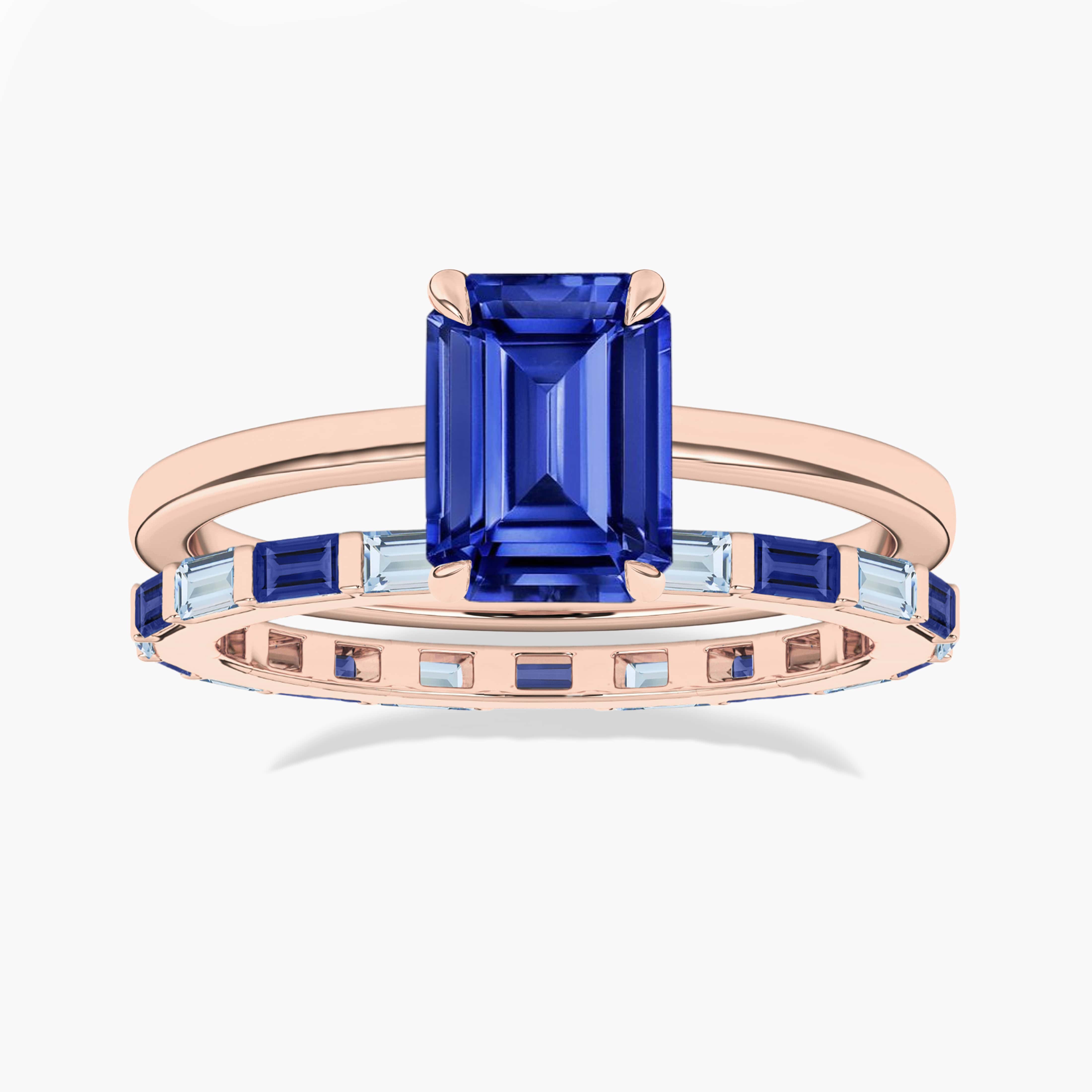 Emerald Cut Ring And  Band In Blue Sapphire And Aquamarine Baguette Cut Eternity Band In Rose Gold