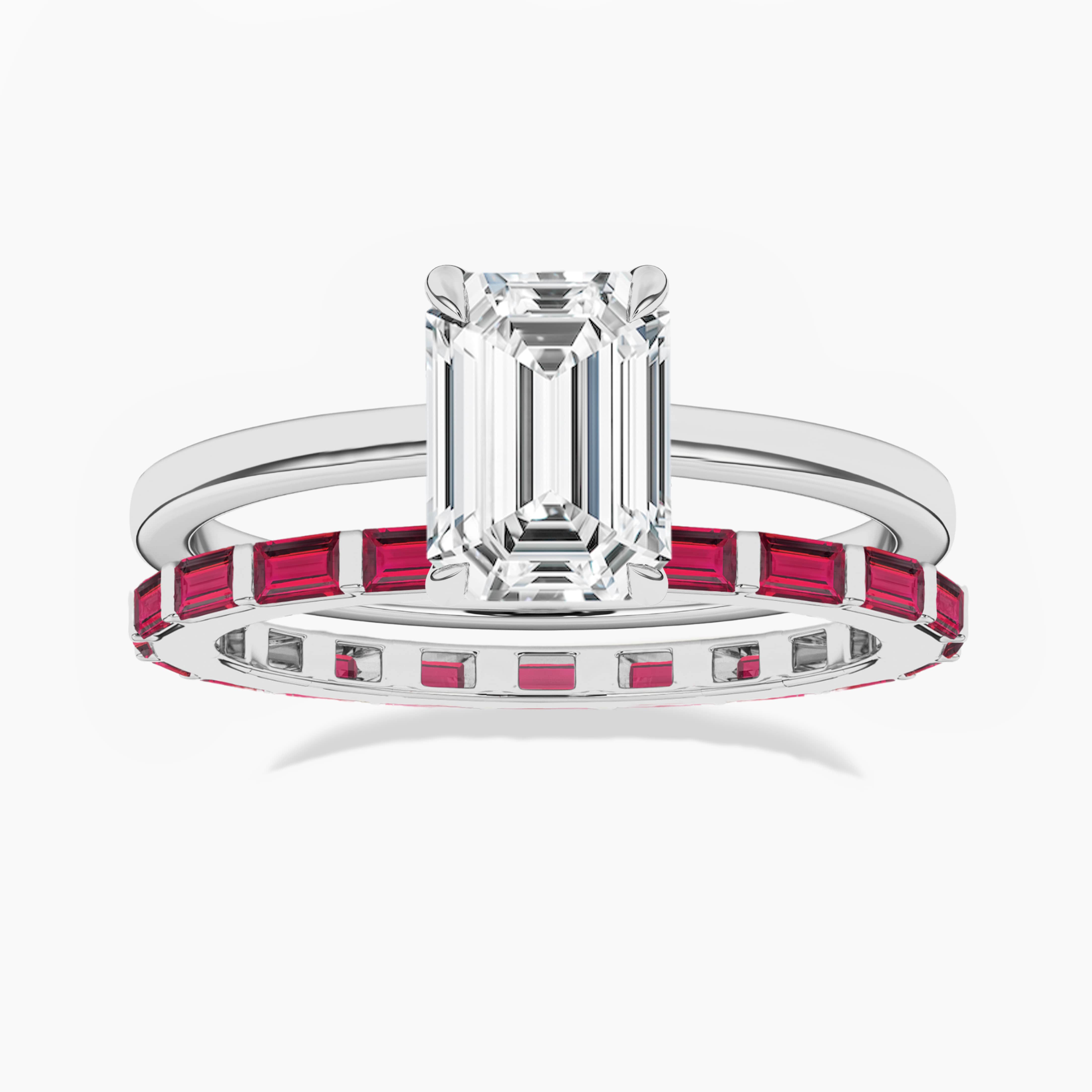 Emerald Cut Diamond Ring With Baguette Cut Ruby Eternity Band 
