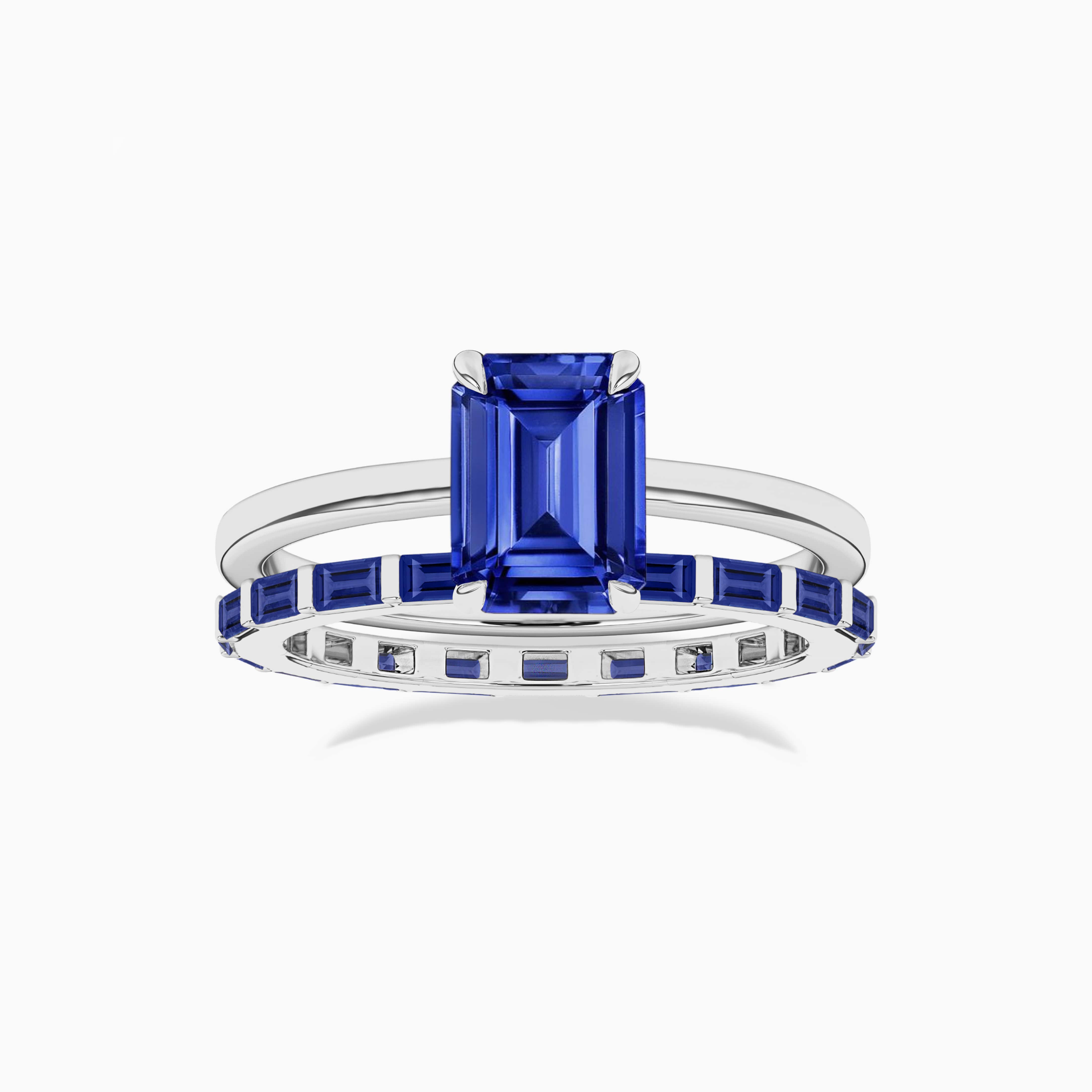 baguette wedding band with emerald blue sapphire solitaire engagement ring