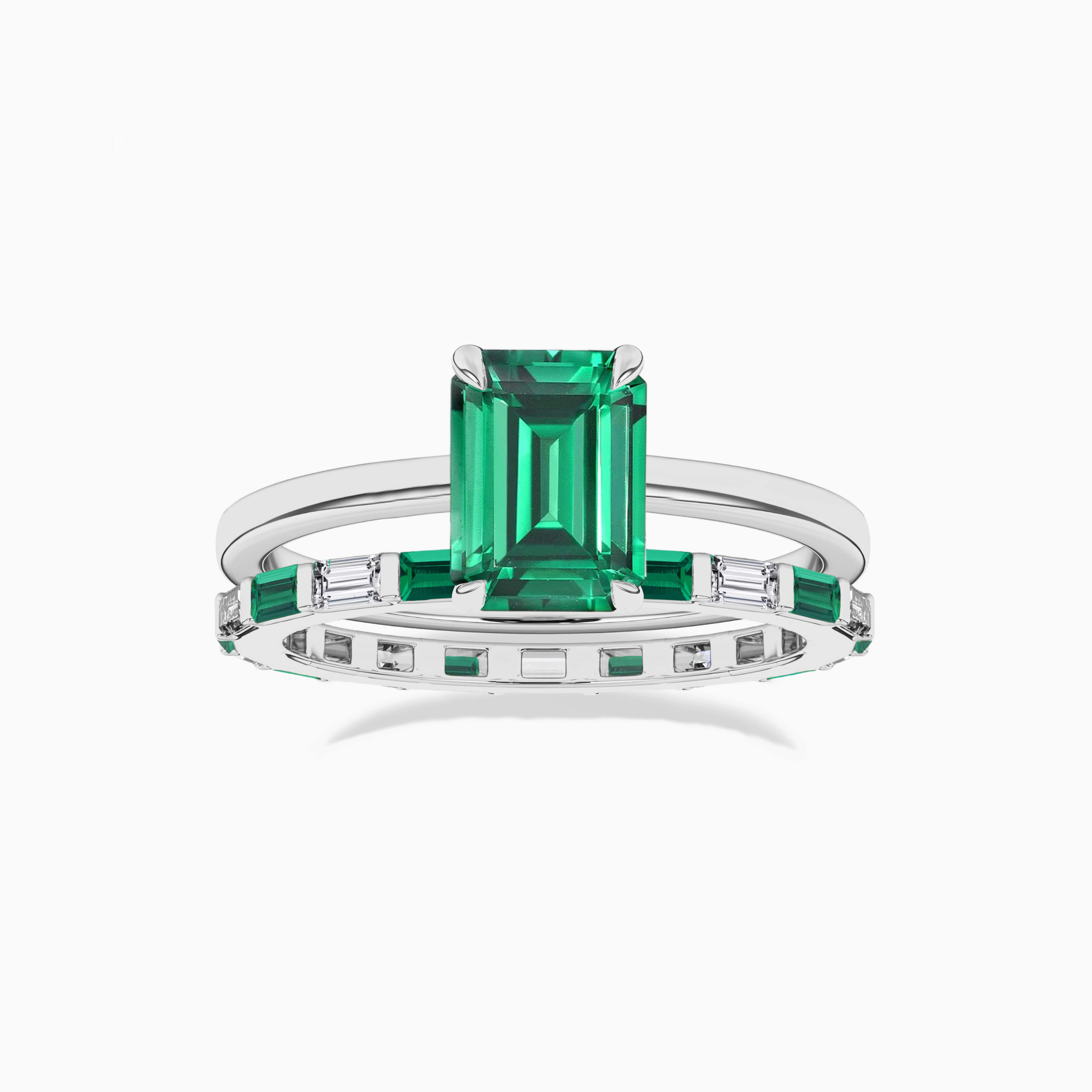 Emerald and White Baguette Wedding Ring with emerald solitaire ring