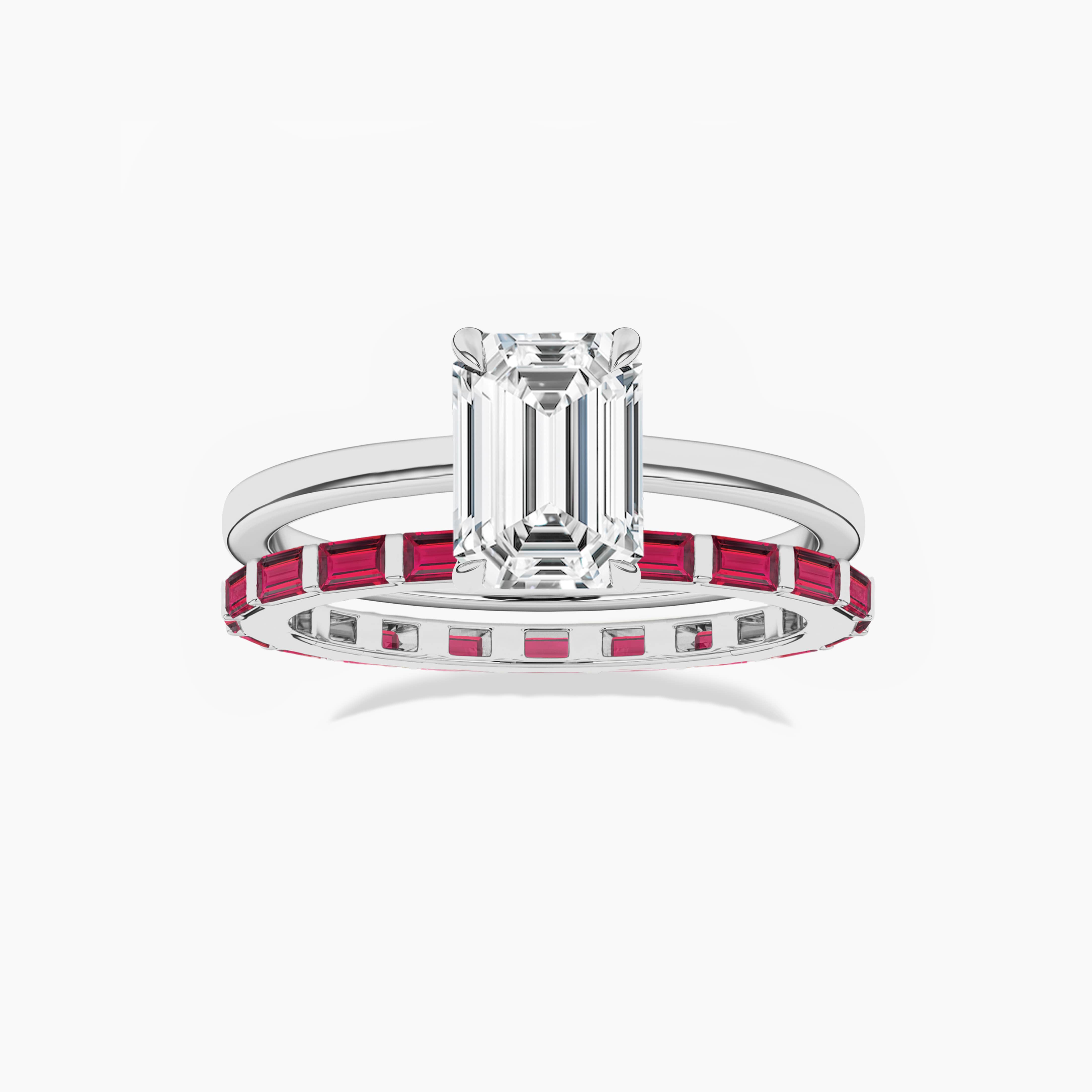 Baguette Ruby Wedding Band with Classic Bar Setting with solitaire ring