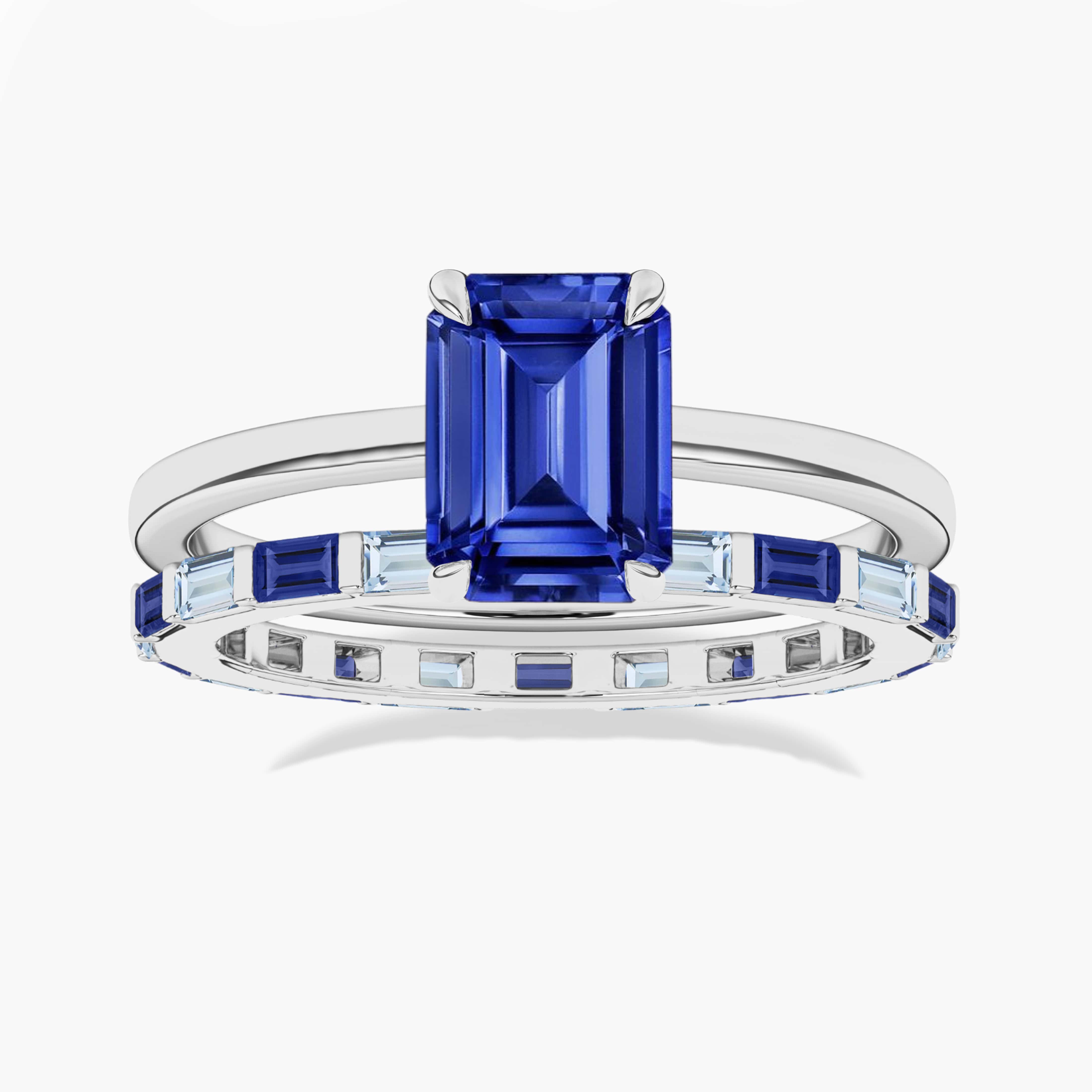 Emerald Cut Ring And  Band In Blue Sapphire And Aquamarine Baguette Cut Eternity Band In White Gold