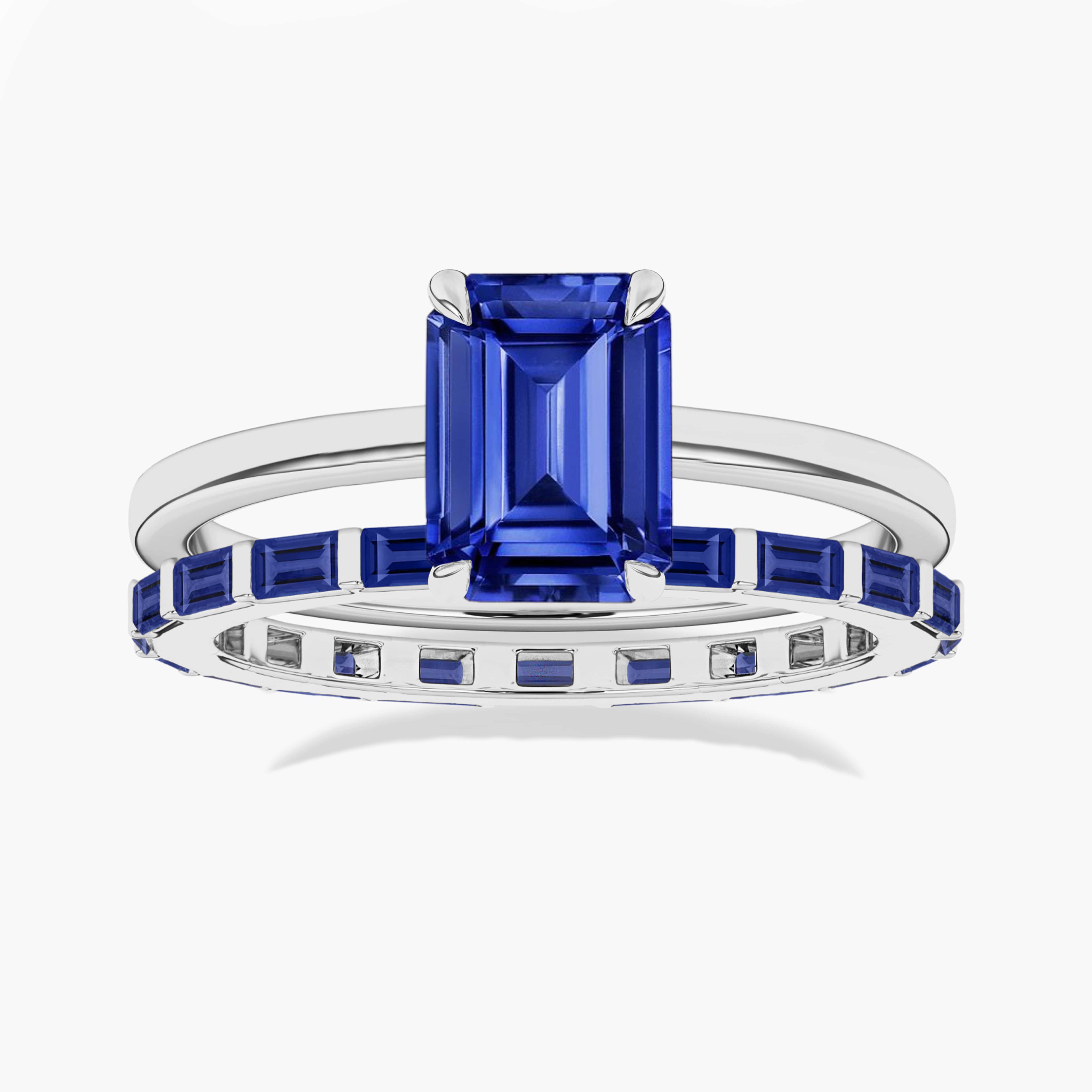 Blue Sapphire Emerald Cut Ring With Baguette Cut Eternity Band In White Gold
