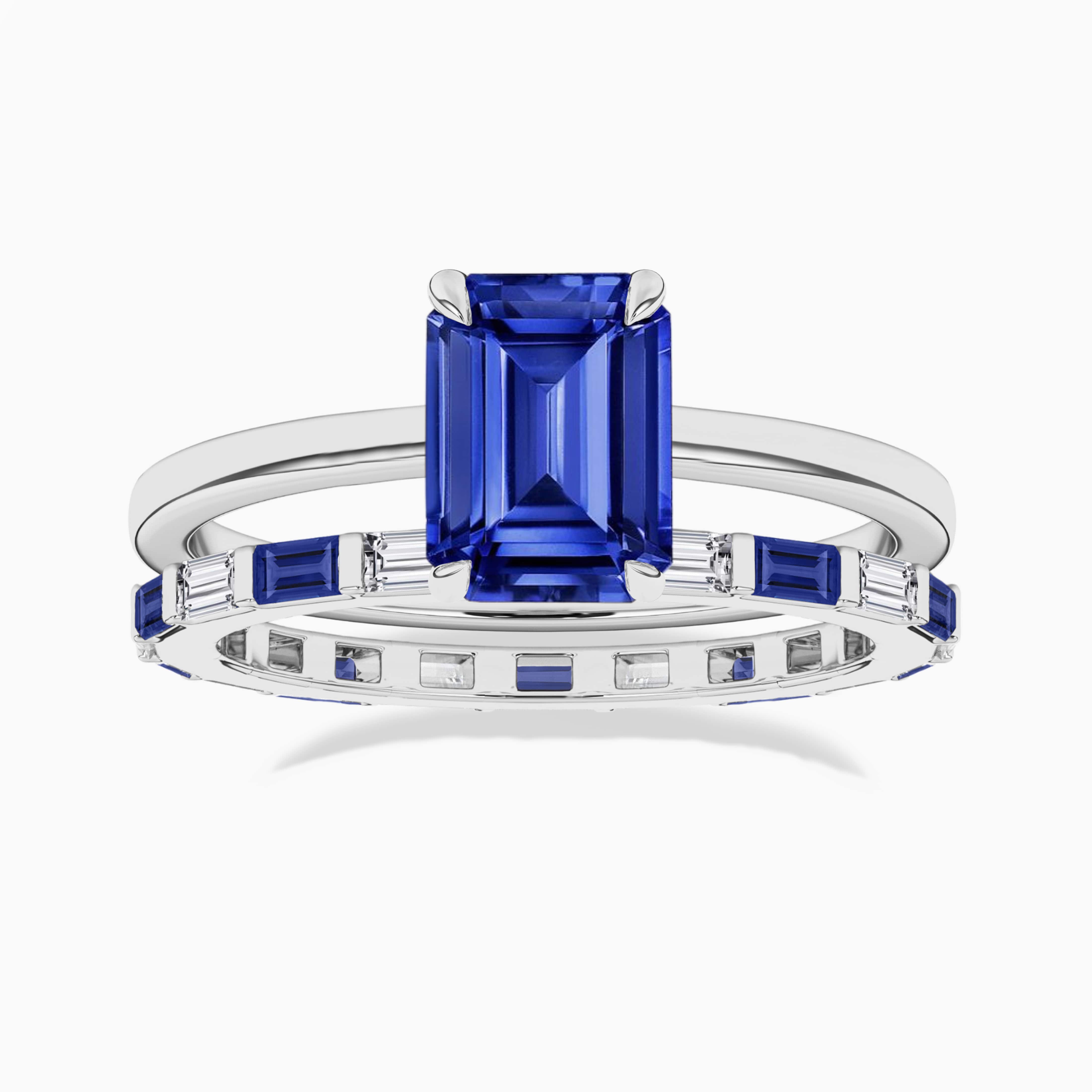 Blue Sapphire Solitaire Ring And Blue Sapphire With Baguette Diamond Eternity Band In White Gold