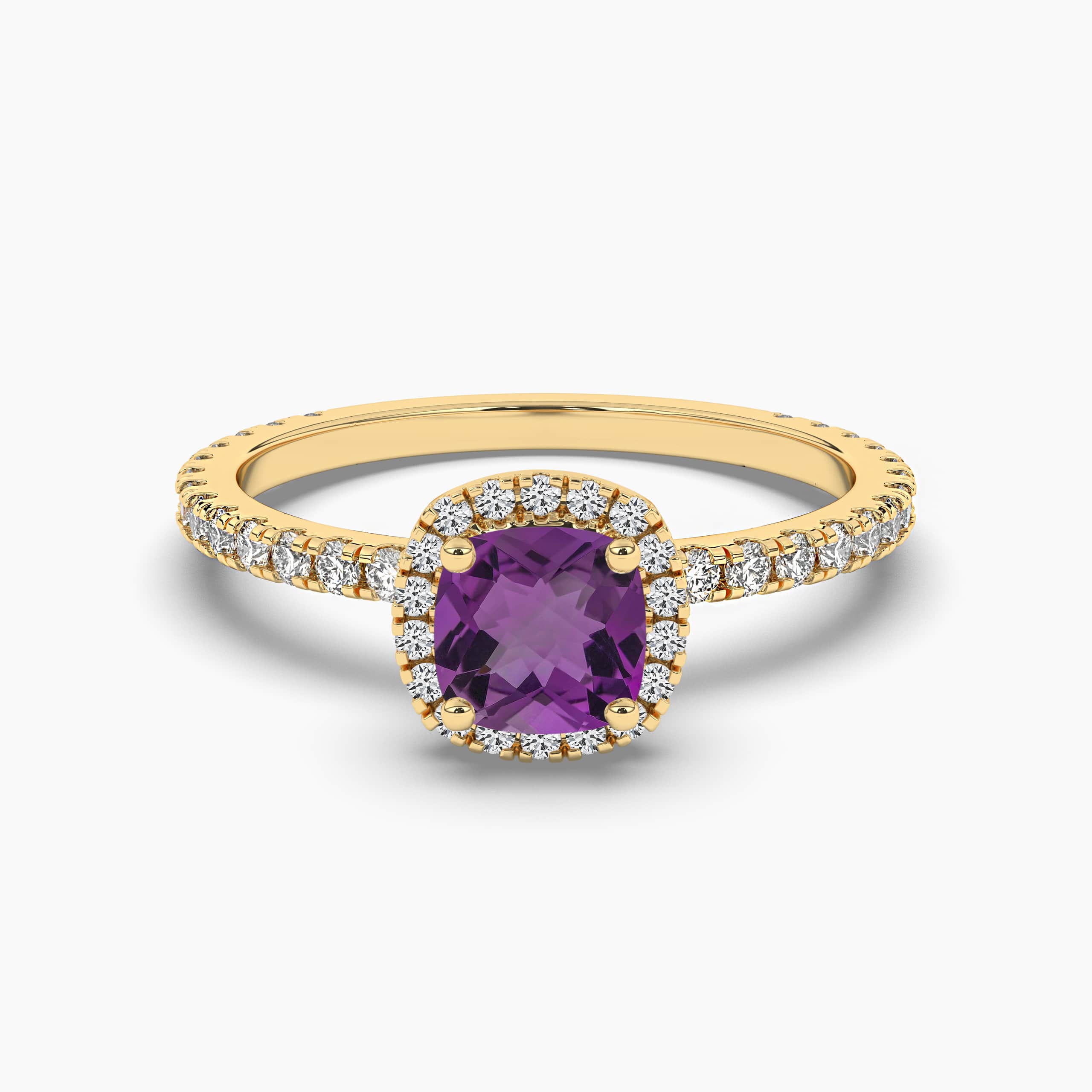 Cushion Cut Amethyst and Diamond Halo Ring in Yellow Gold