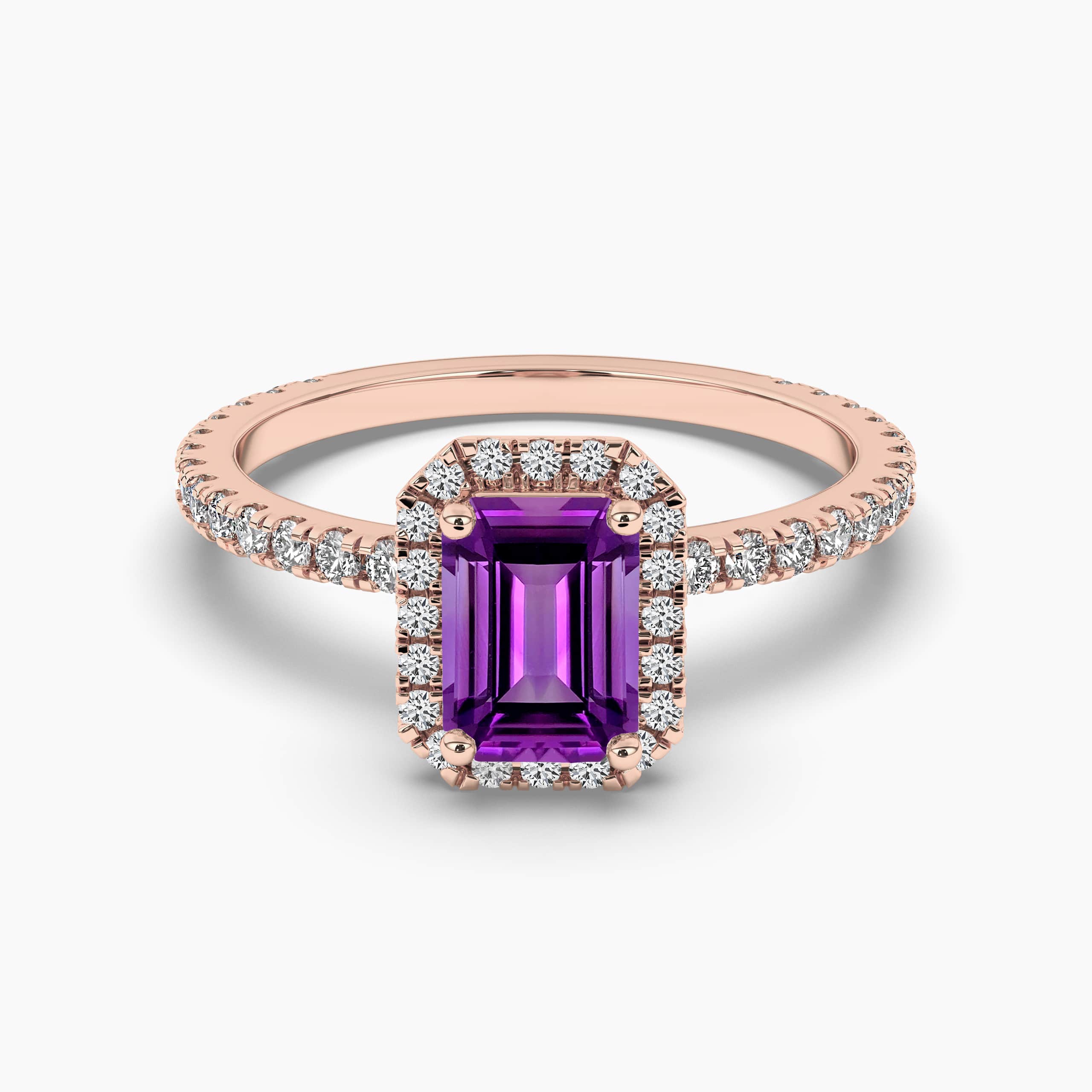 Rose Gold Emerald-Cut Amethyst and Diamond Halo Ring