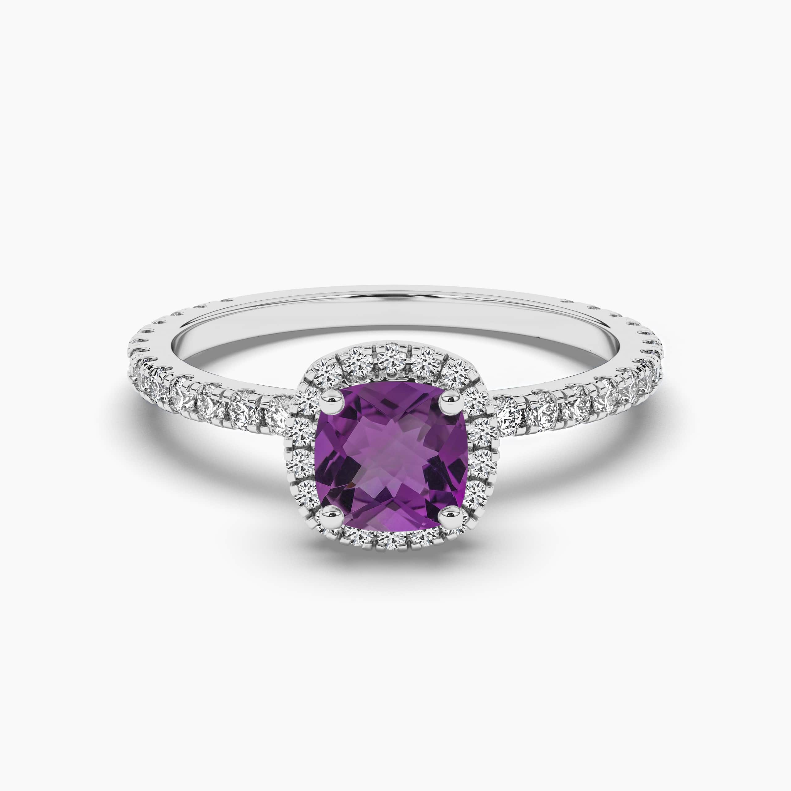 Cushion Amethyst & Round White Diamond Ladies Bridal Halo Engagement Ring