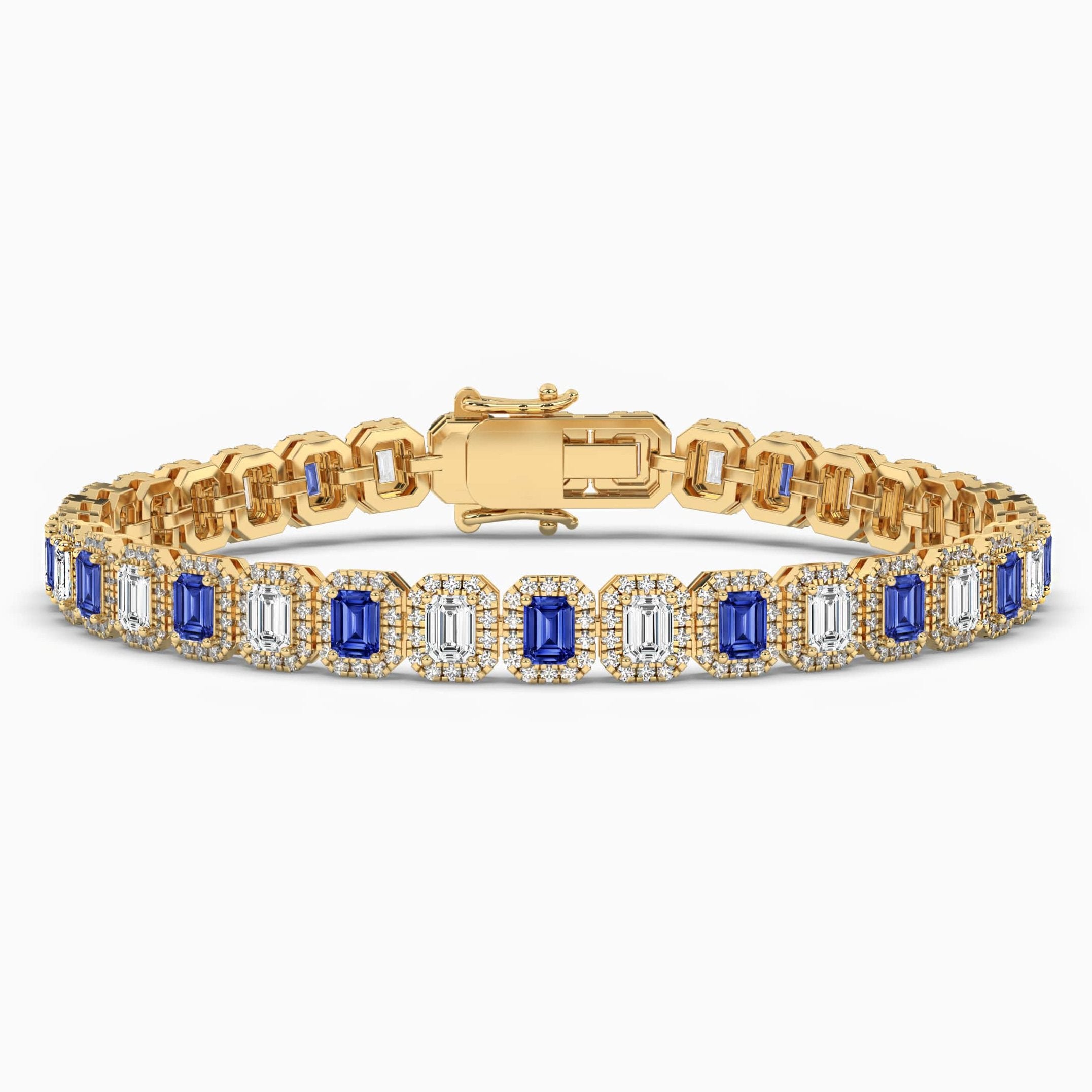 Emerald Cut Blue Sapphire White Diamond Bracelet Yellow Gold