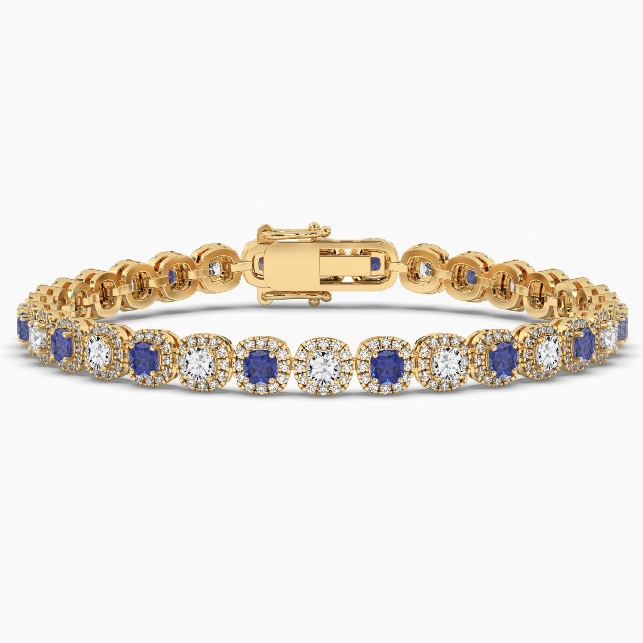 Cushion Shape Blue Sapphire Halo Bracelet In Yellow Gold 