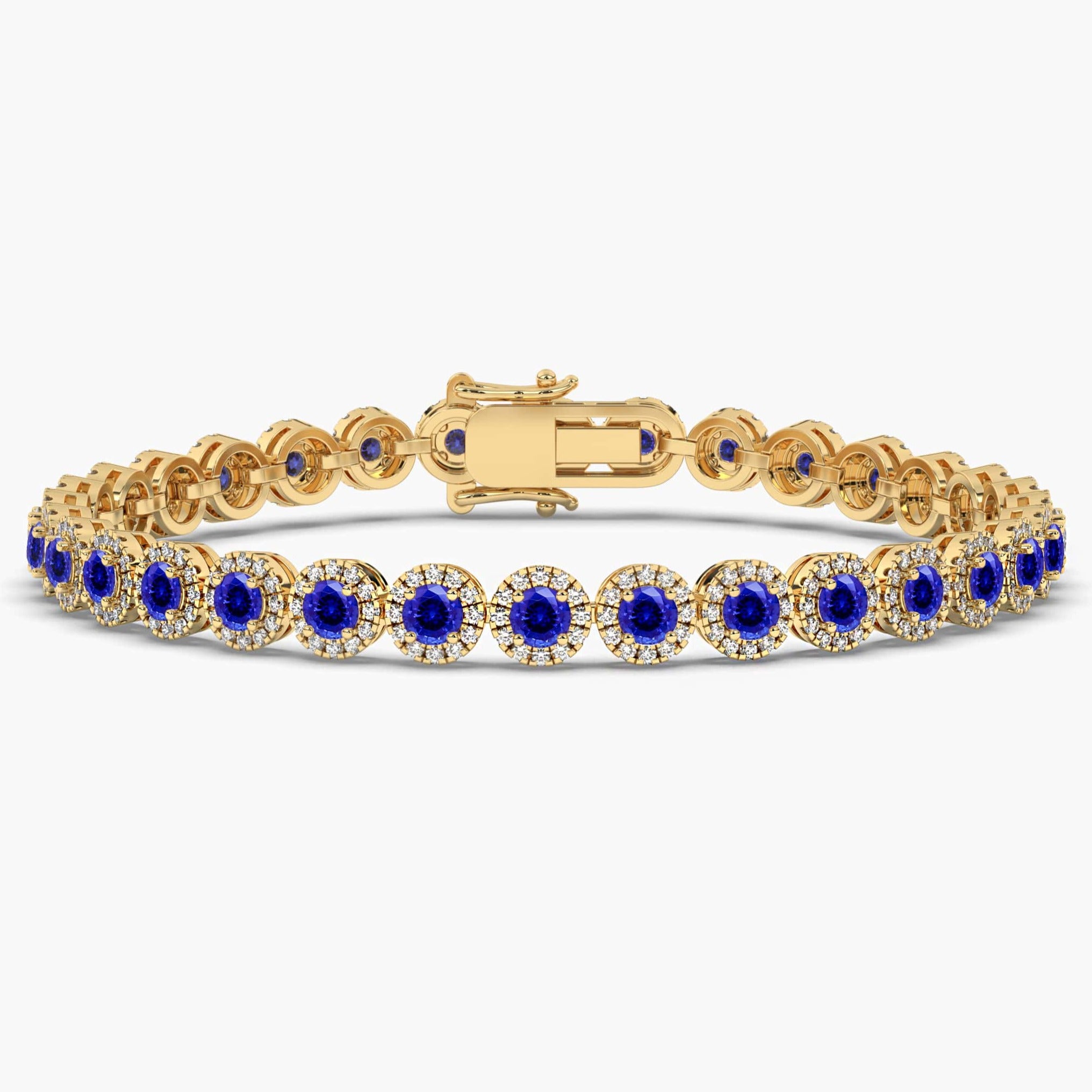 Round Cut Blue Sapphire and Diamond Bracelet in Yellow Gold