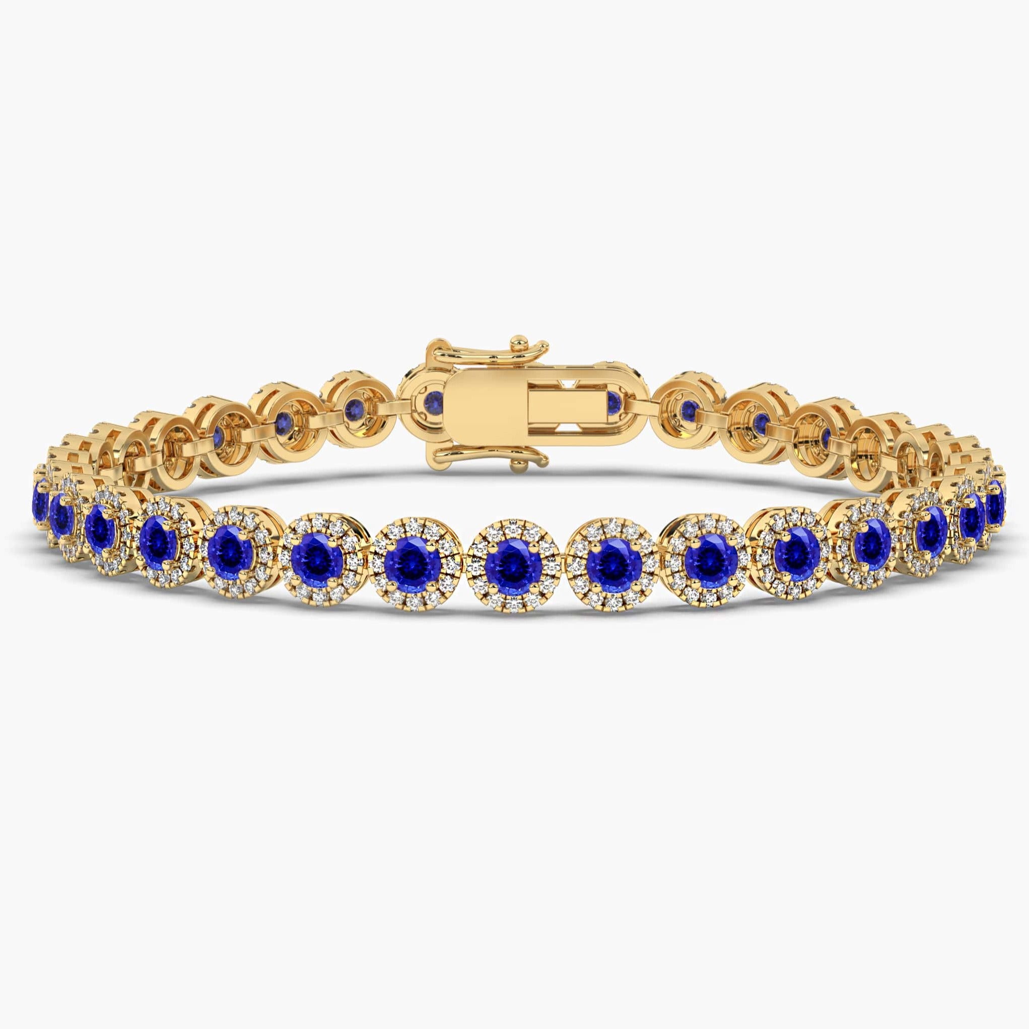 Round Cut Blue Sapphire and Diamond Bracelet in Yellow Gold