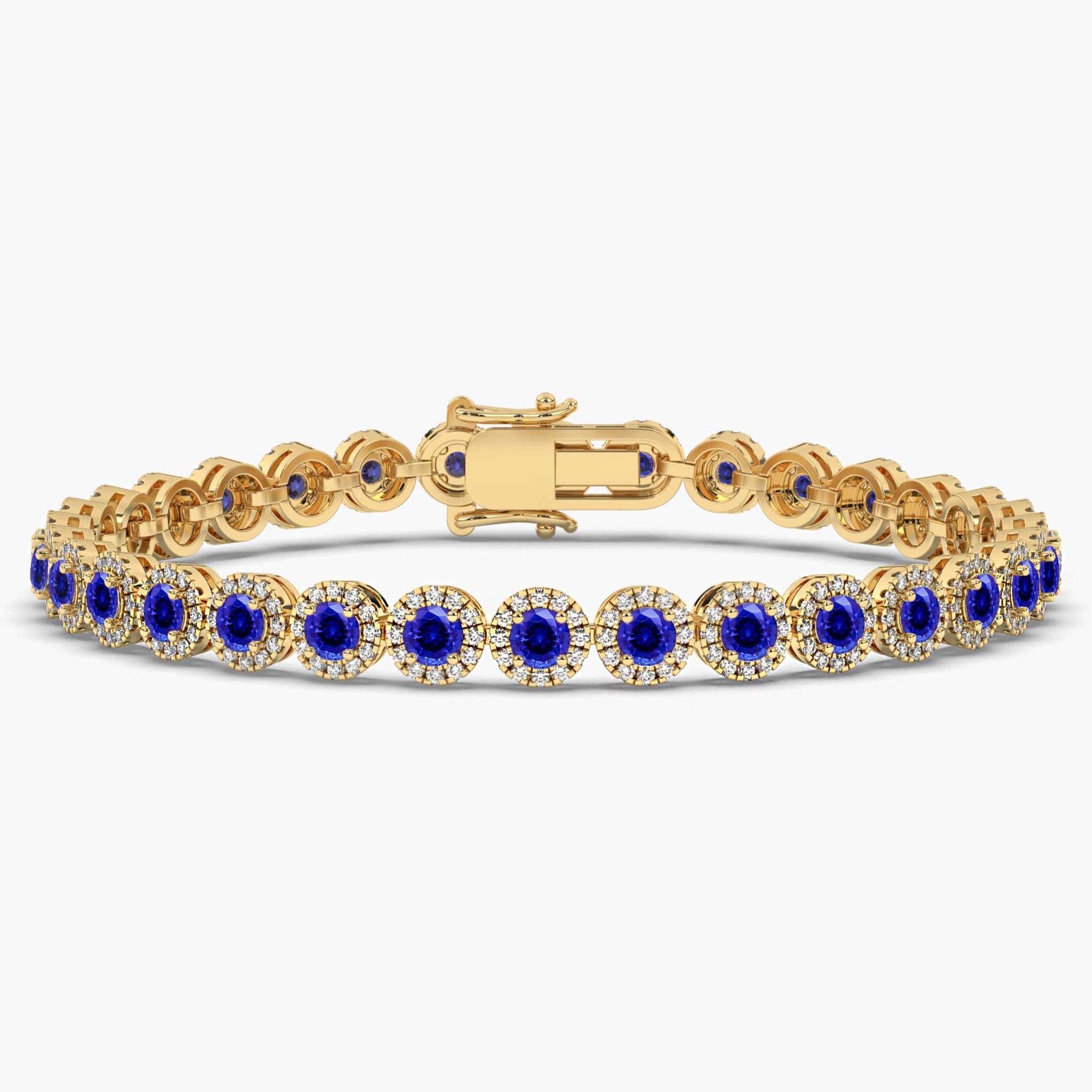 Round Cut Blue Sapphire and Diamond Bracelet in Yellow Gold