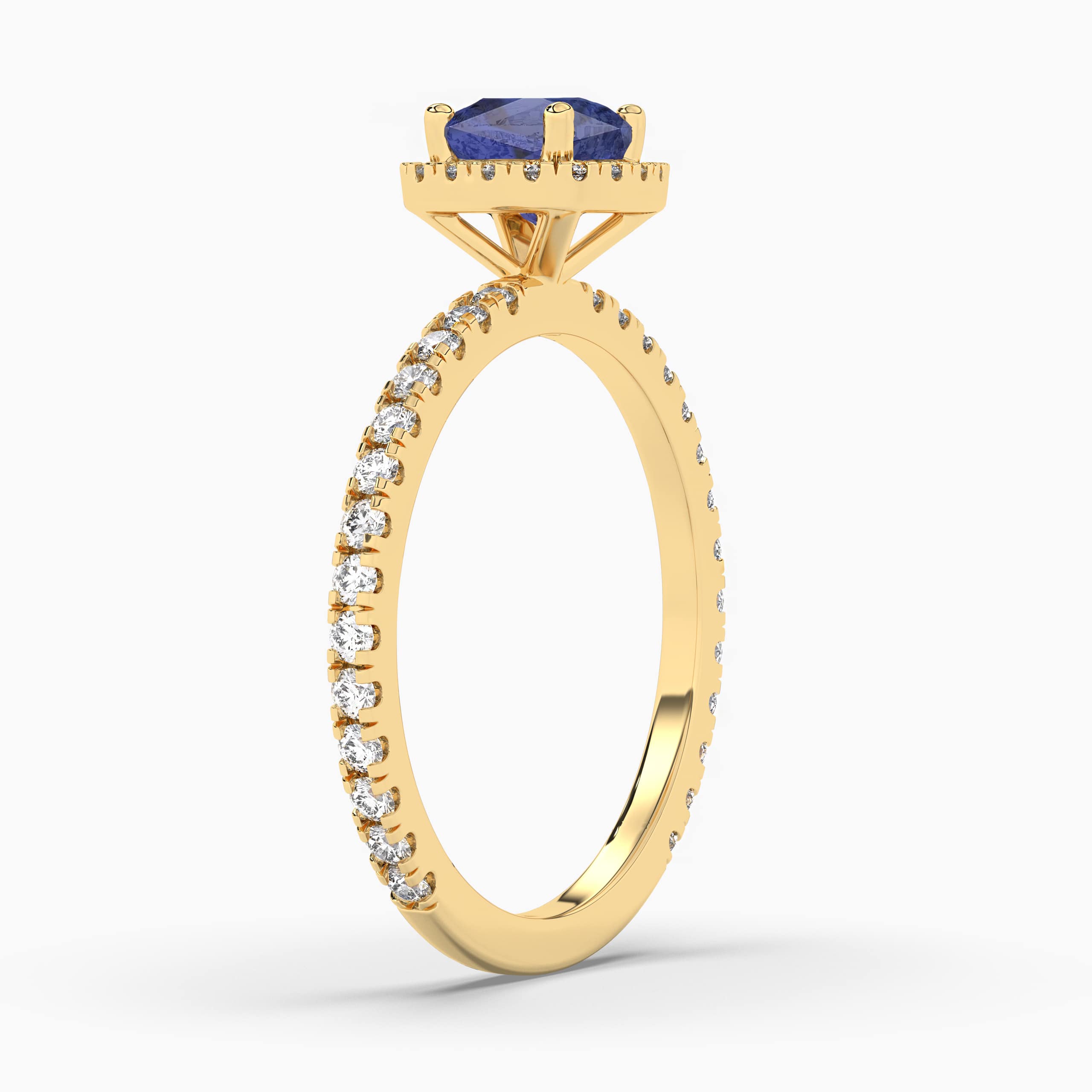 YELLOW GOLD CUSHION CUT BLUE SAPPHIRE DIAMOND HALO RING