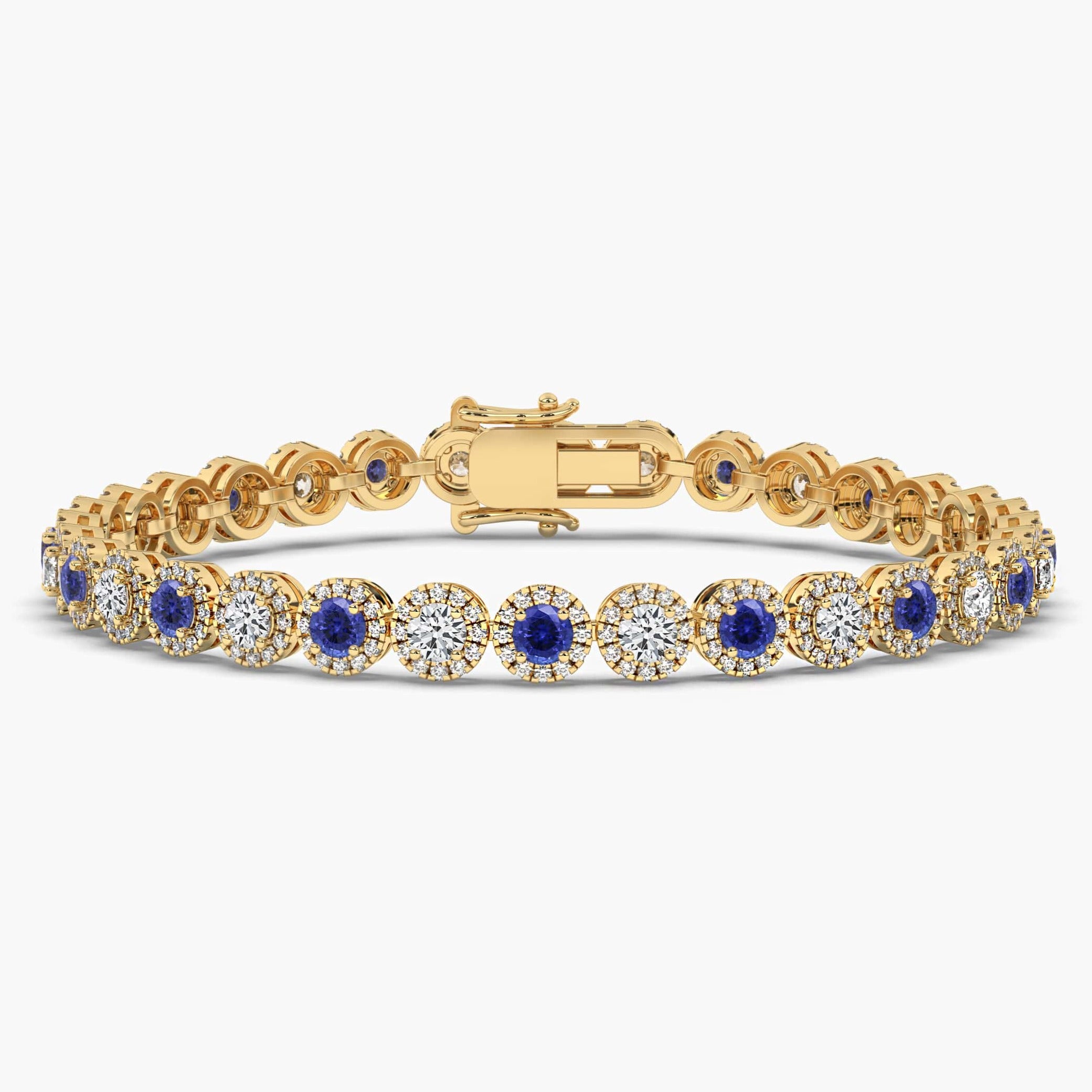 Round Sapphire and Diamond Tennis Bracelet Yellow Gold