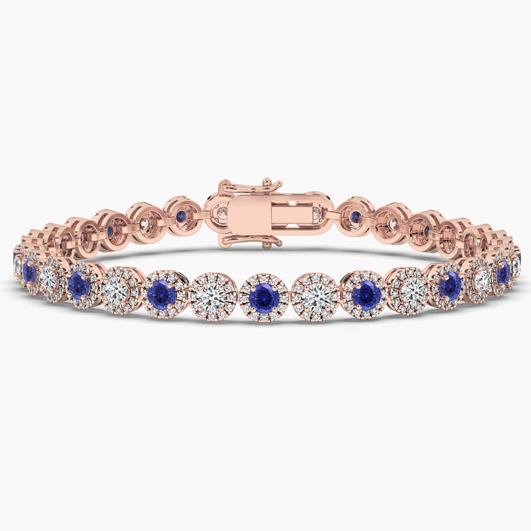 Blue Sapphire and White Diamond Halo tennis Bracelet