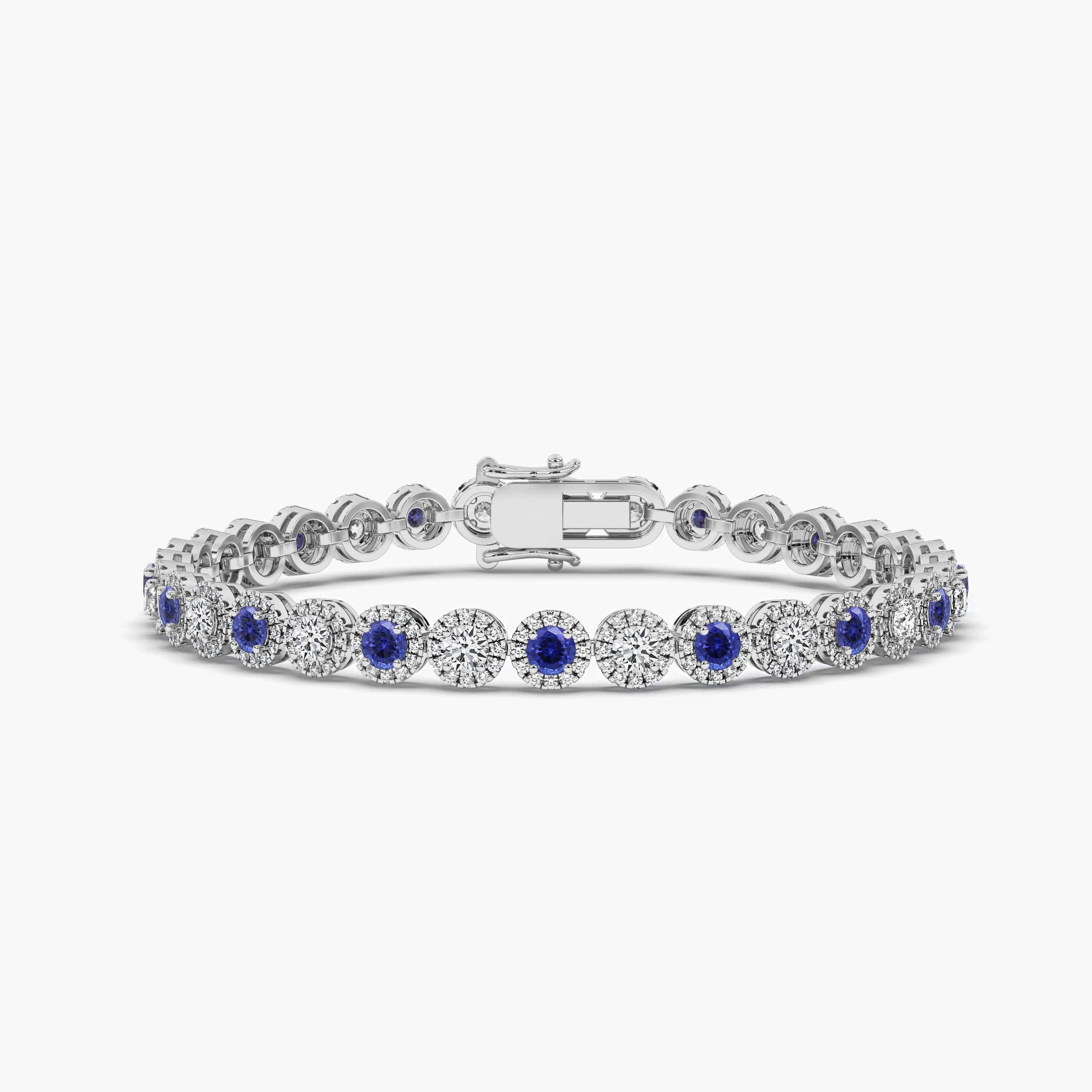 Round Cut Blue Sapphire and Diamond Bracelet in White Gold