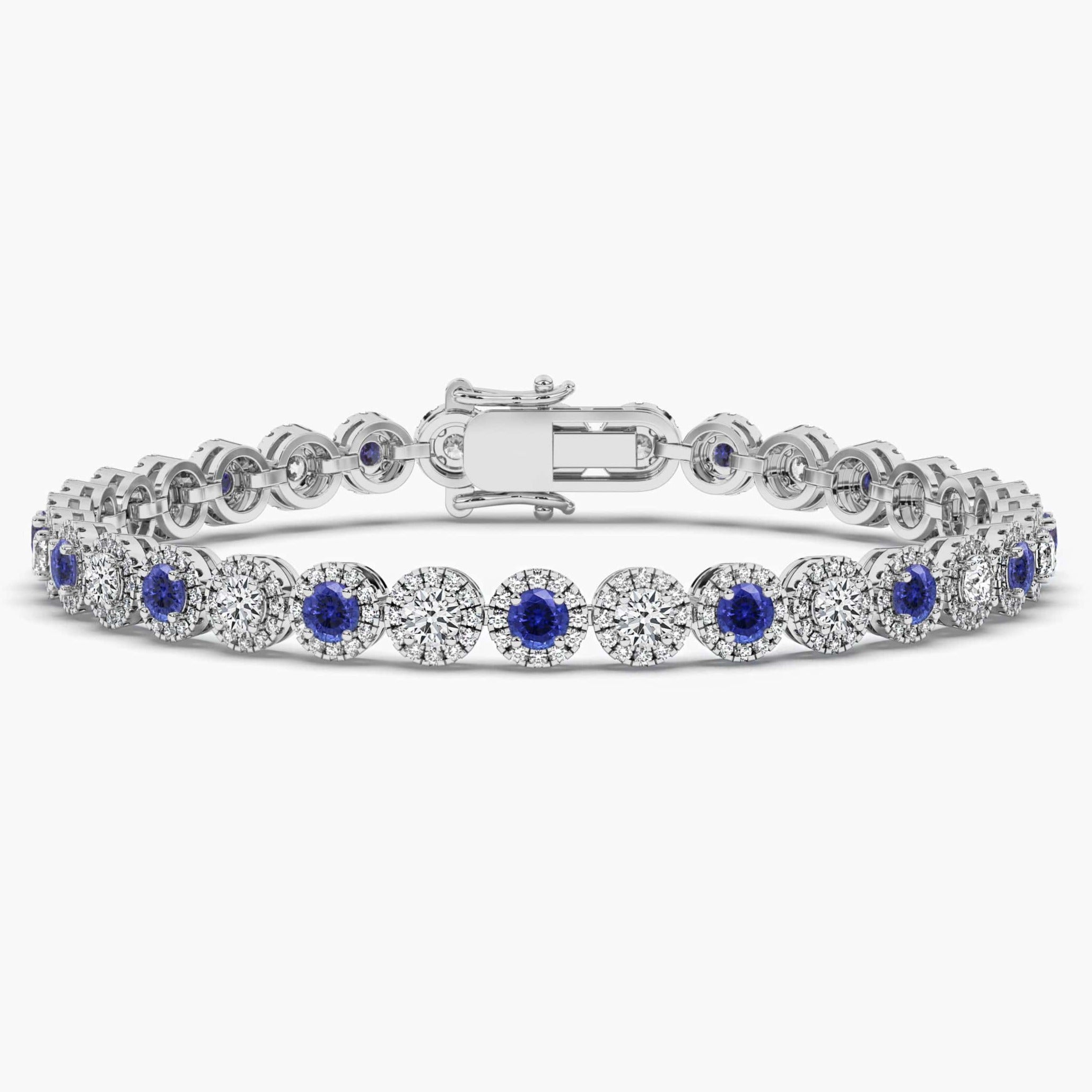 Round Cut Blue Sapphire and Diamond Bracelet in White Gold