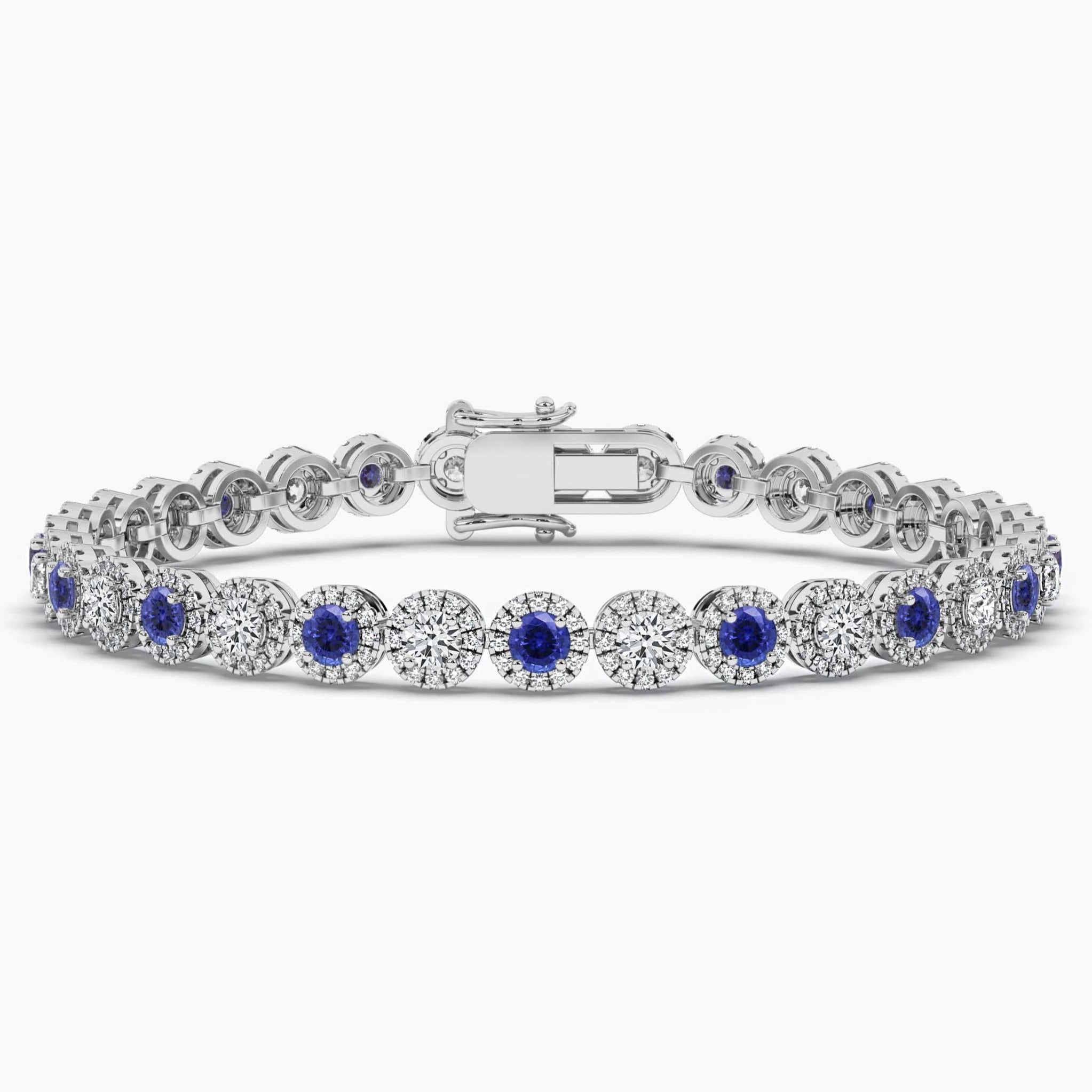 Round Cut Blue Sapphire and Diamond Bracelet in White Gold