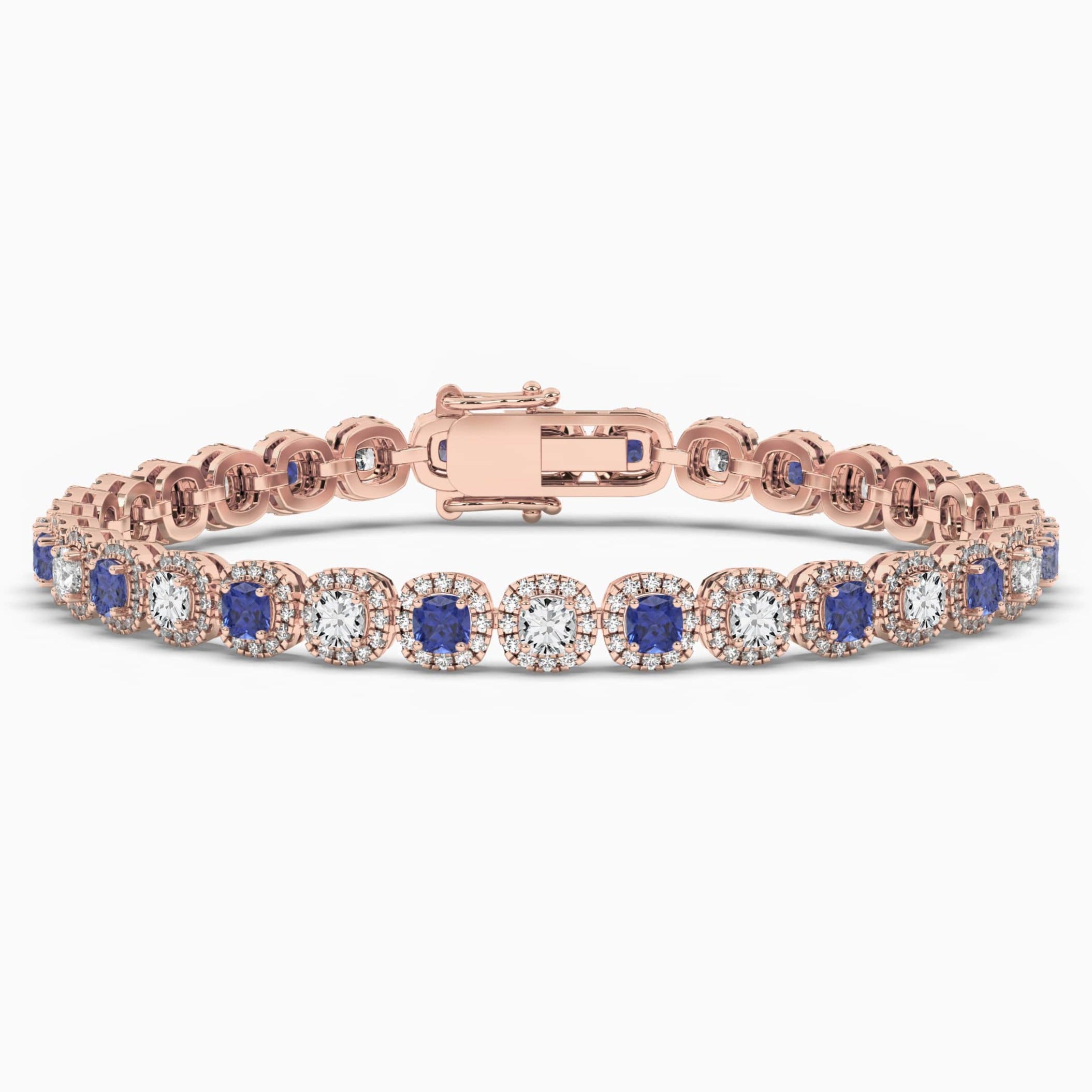 Rose Gold Cushion Cut Blue Sapphire Gemstones Halo Bracelet 