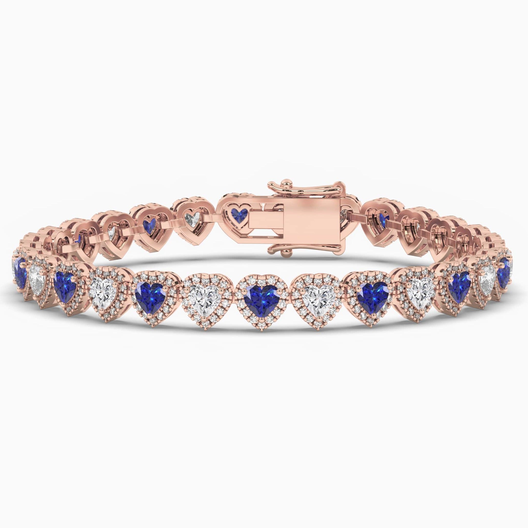  Rose Gold Heart Cut Diamond Blue Sapphire Halo Bracelet