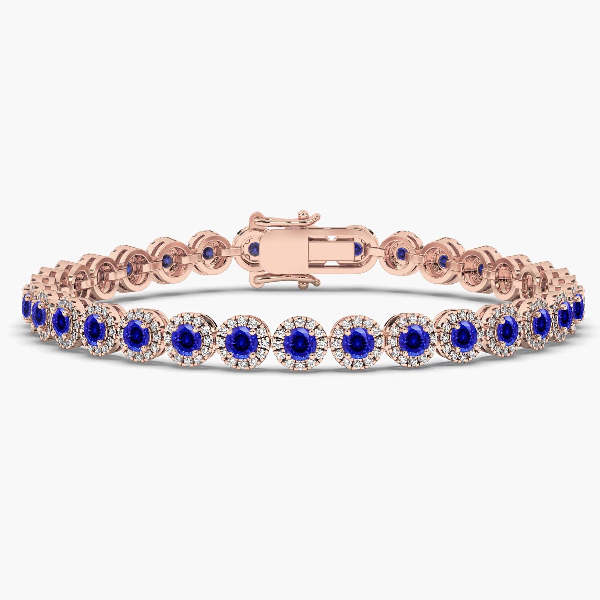 Round Cut Blue Sapphire and Diamond Bracelet In Rose Gold