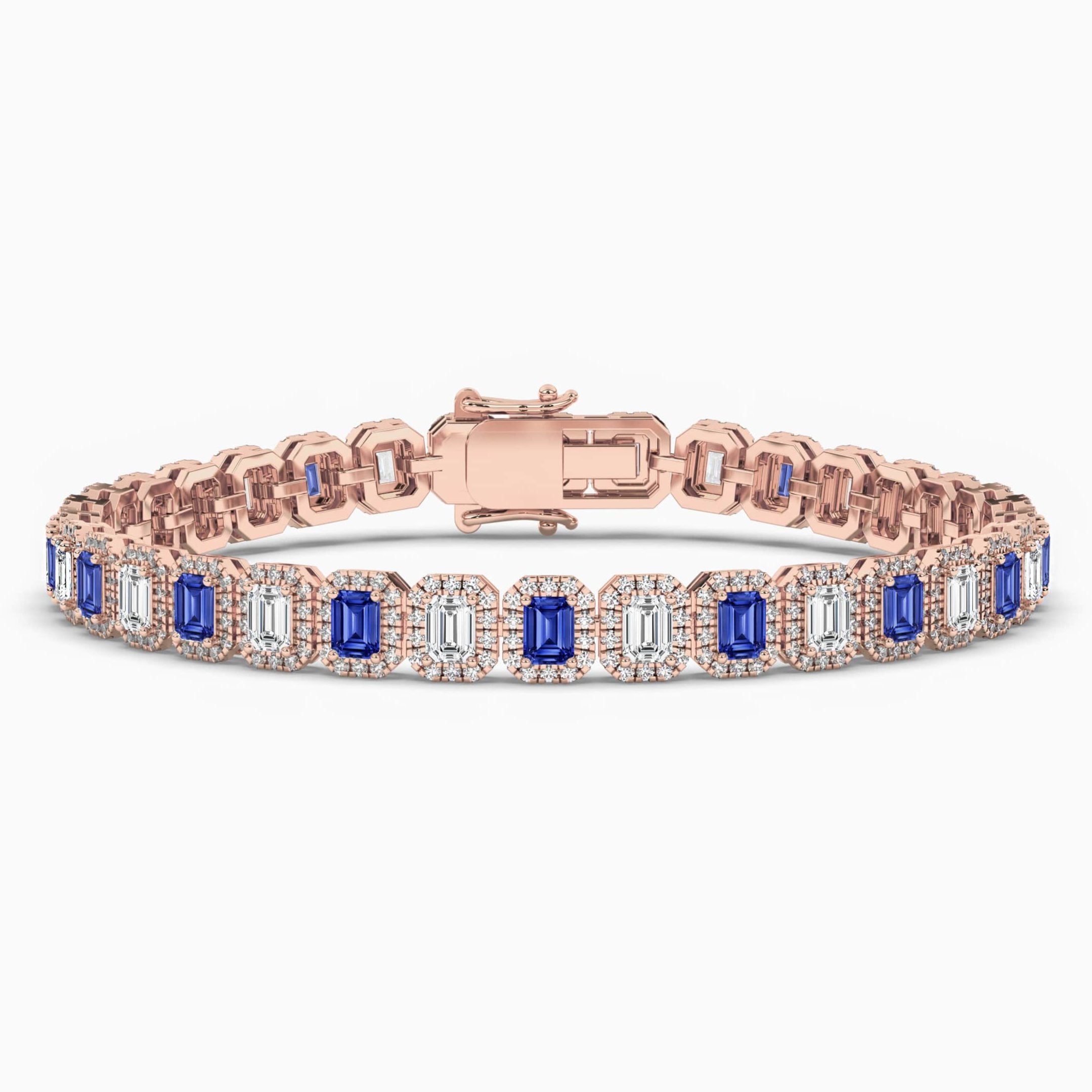 EMERALD SHAPE BLUE SAPPHIRE DIAMOND BRACELET IN ROSE GOLD