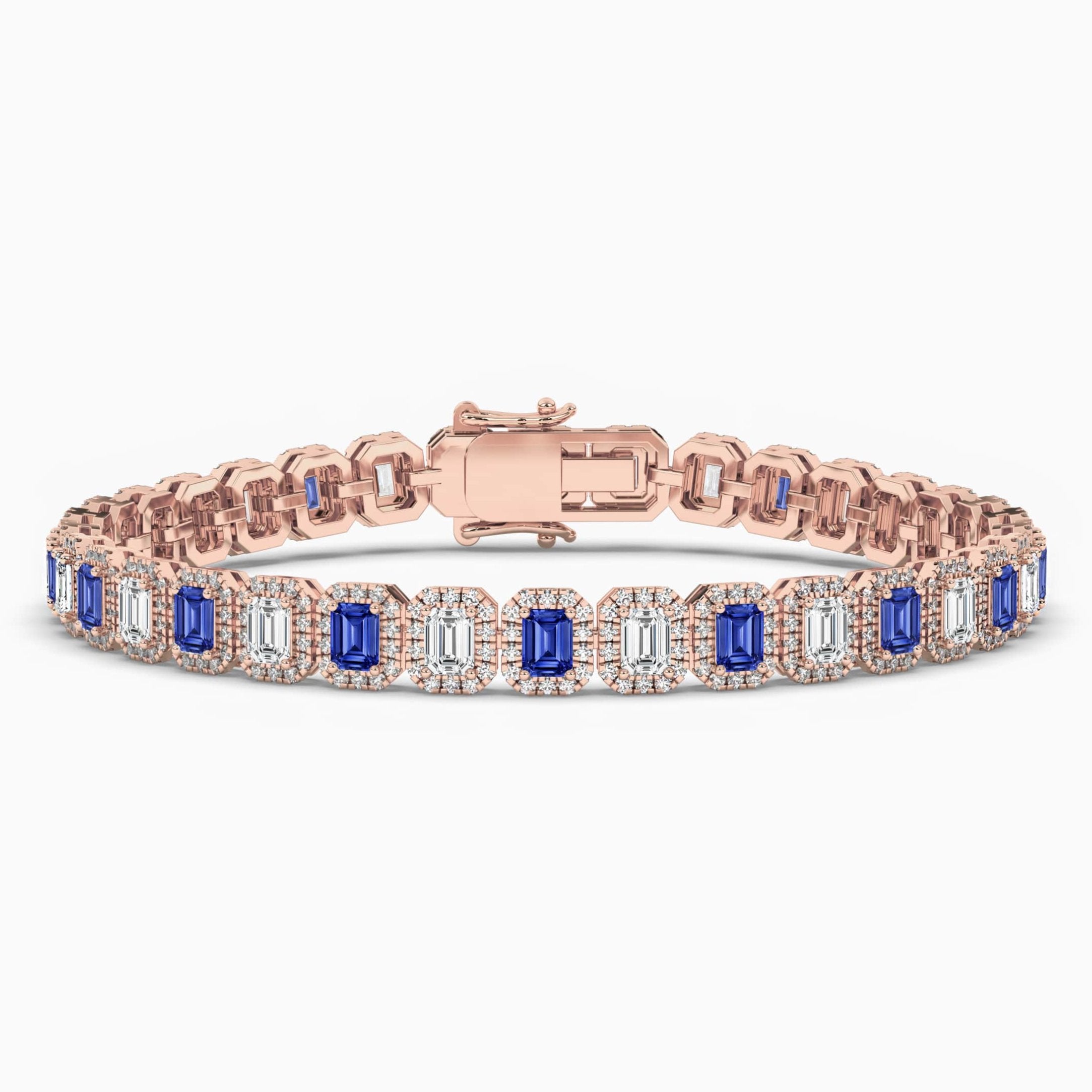 EMERALD SHAPE BLUE SAPPHIRE DIAMOND BRACELET IN ROSE GOLD