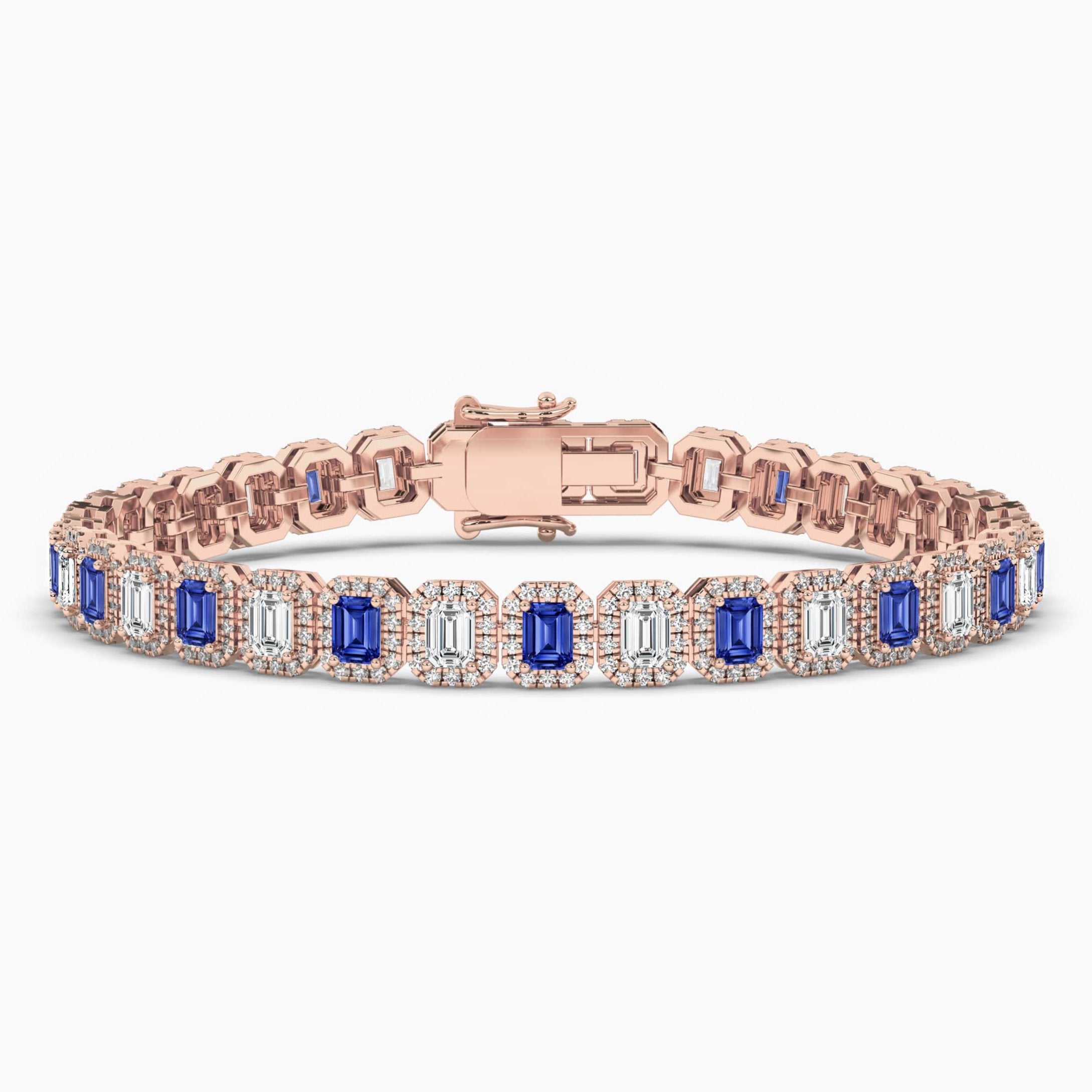 EMERALD SHAPE BLUE SAPPHIRE DIAMOND BRACELET IN ROSE GOLD