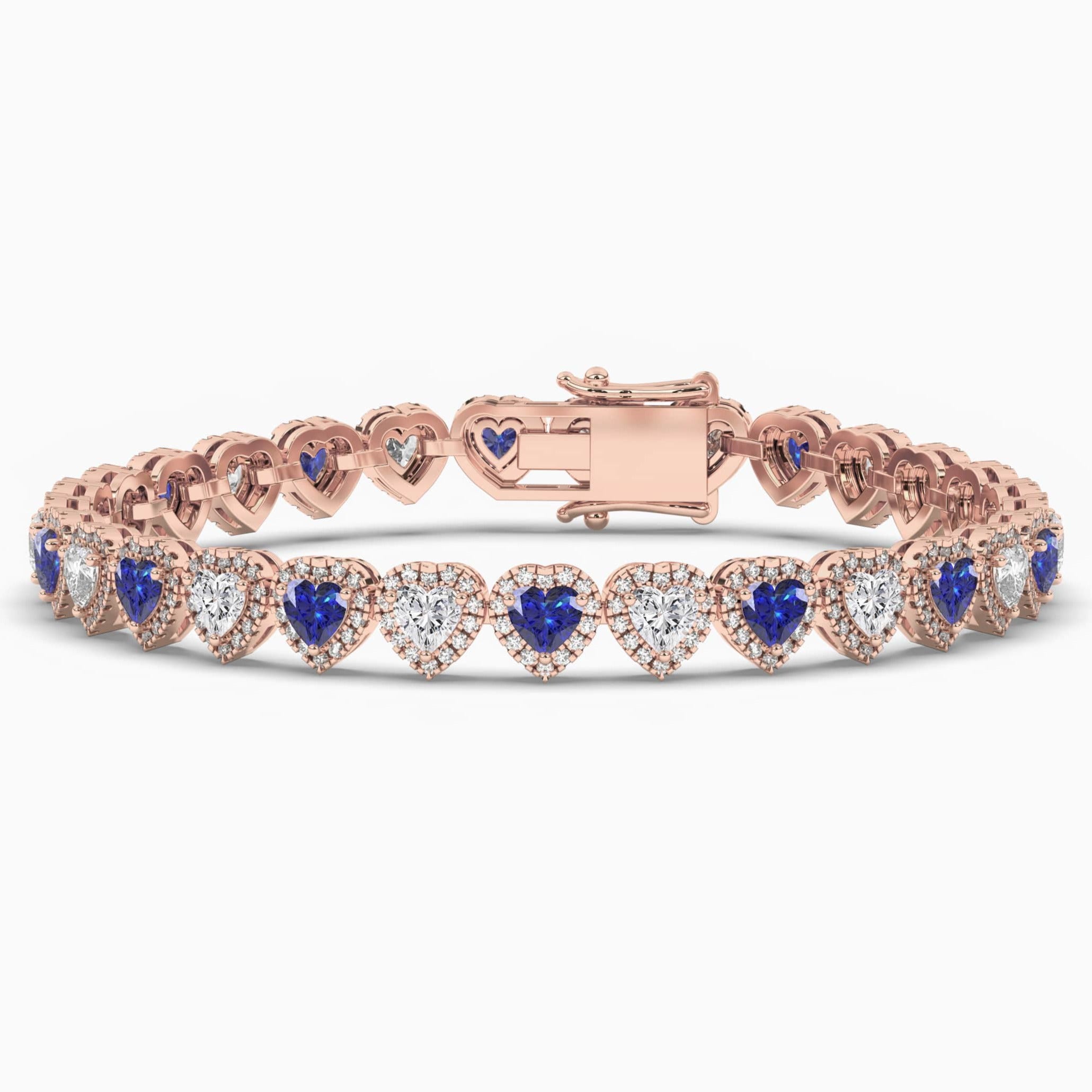  Rose Gold Heart Cut Diamond Blue Sapphire Halo Bracelet