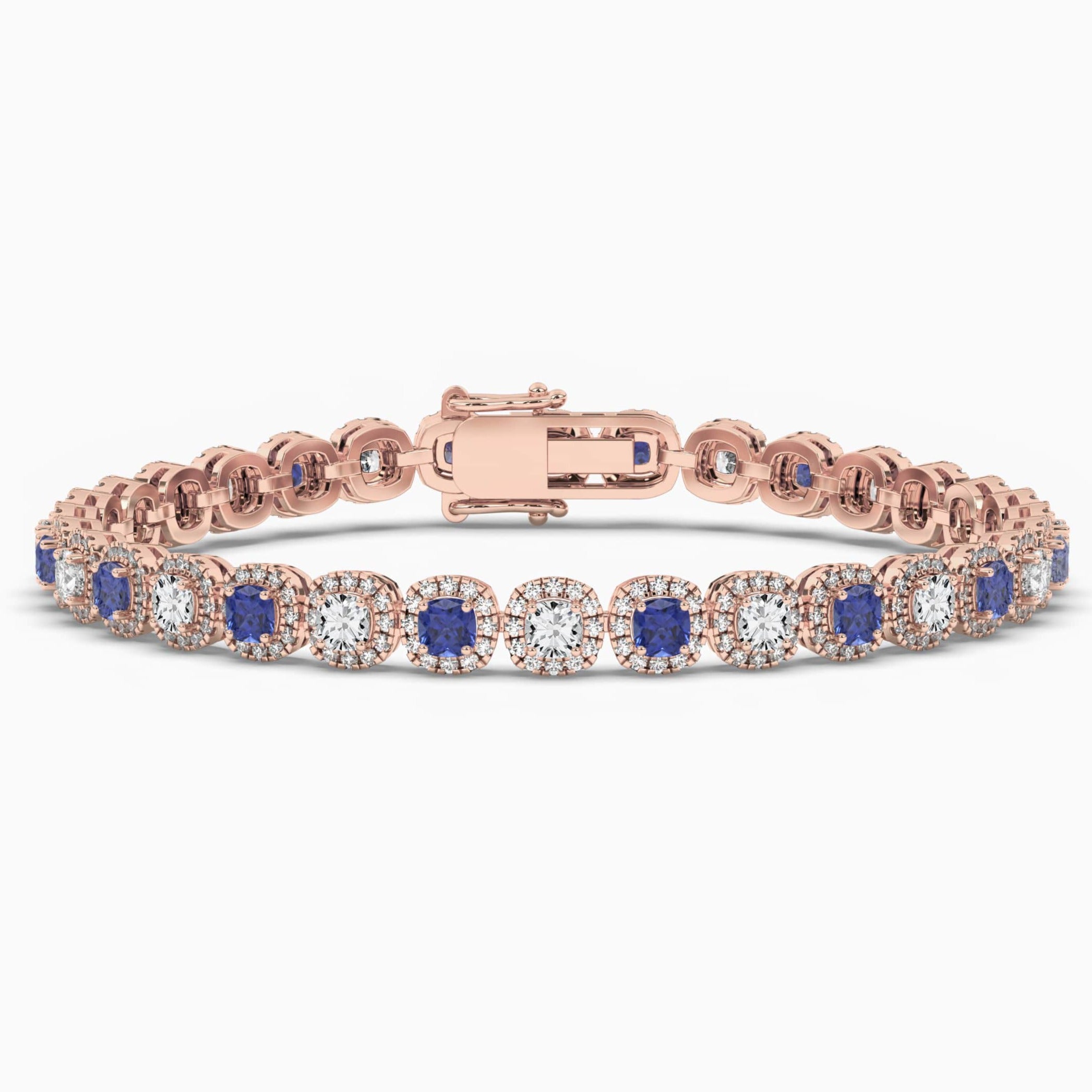 Rose Gold Cushion Cut Blue Sapphire Gemstones Halo Bracelet 