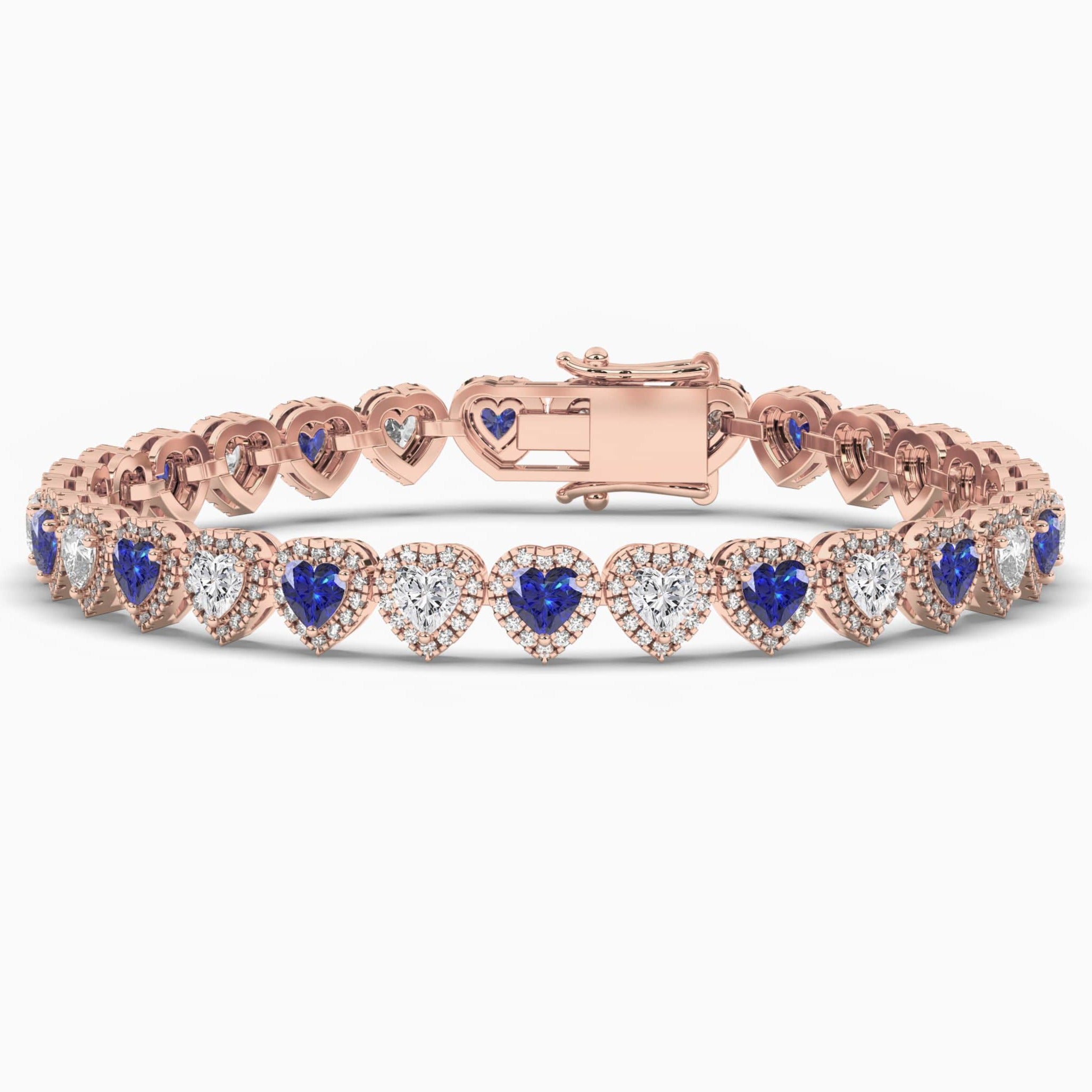  Rose Gold Heart Cut Diamond Blue Sapphire Halo Bracelet