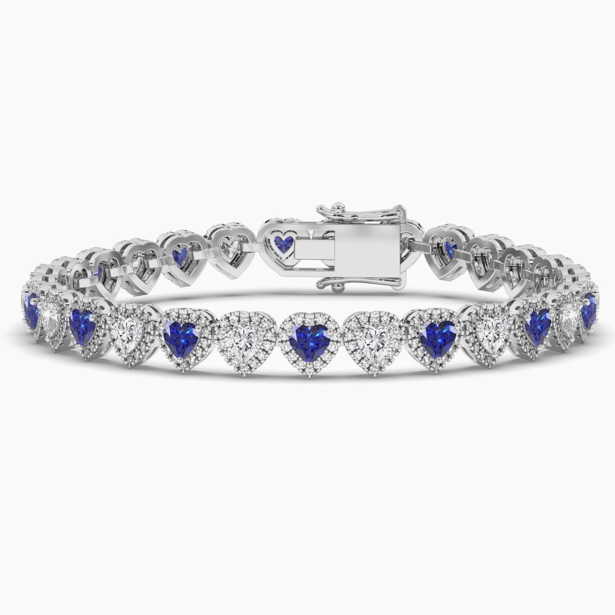 White Gold  Blue Sapphire Created Diamond Heart Cut Bracelet