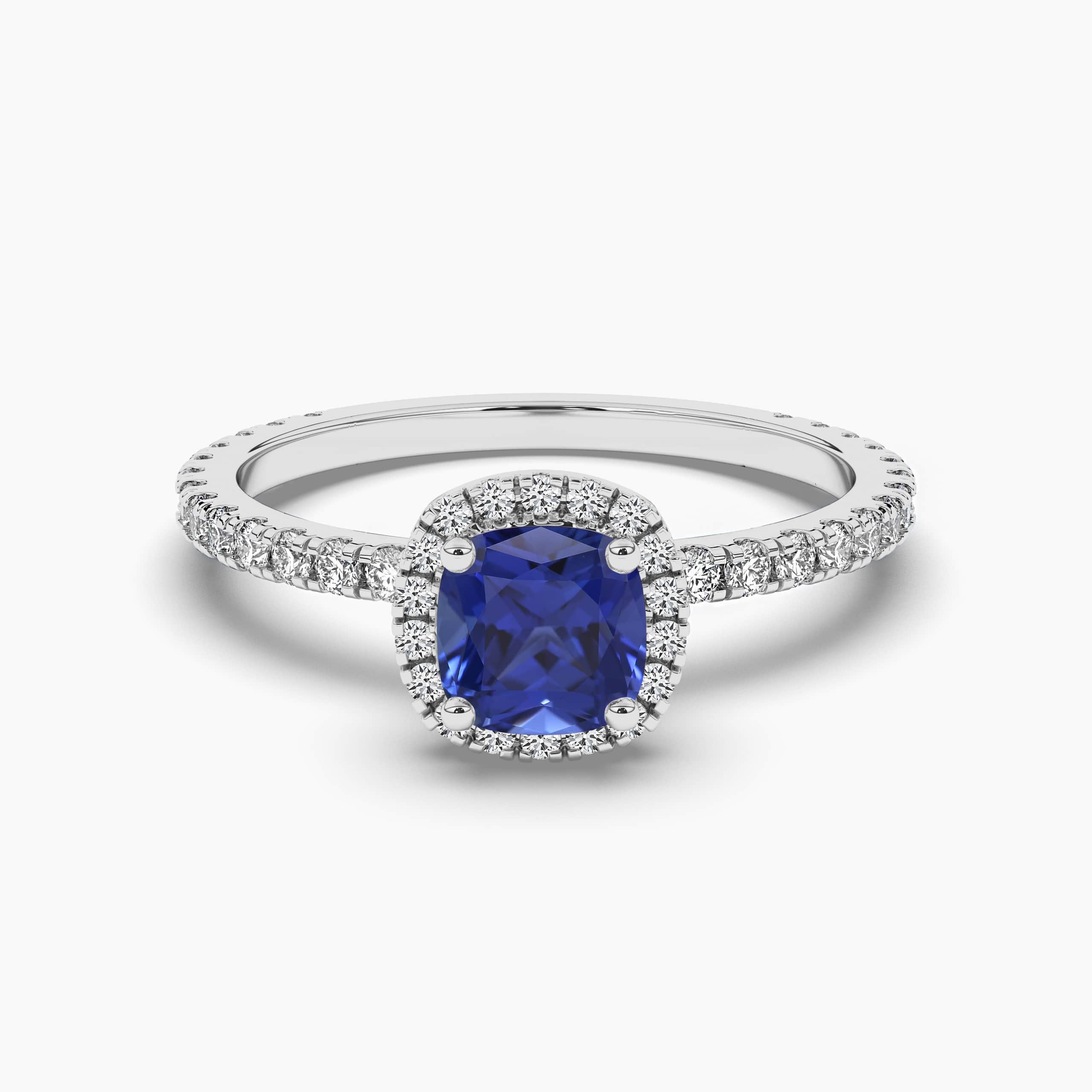 CUSHION CUT HALO BLUE SAPPHIRE & DIAMOND ENGAGEMENT RING WHITE  GOLD