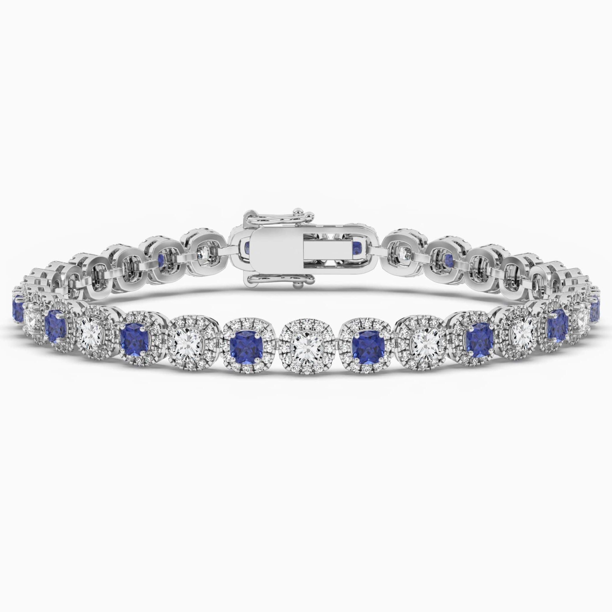 Cushion Shape Blue Sapphire Halo Tennis  Bracelet In White  Gold