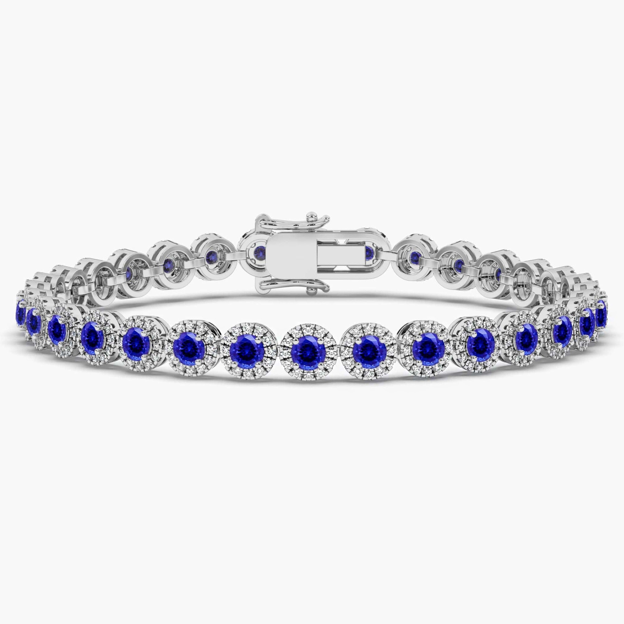 White Gold Womens Round Blue Sapphire Diamond Tennis Bracelet