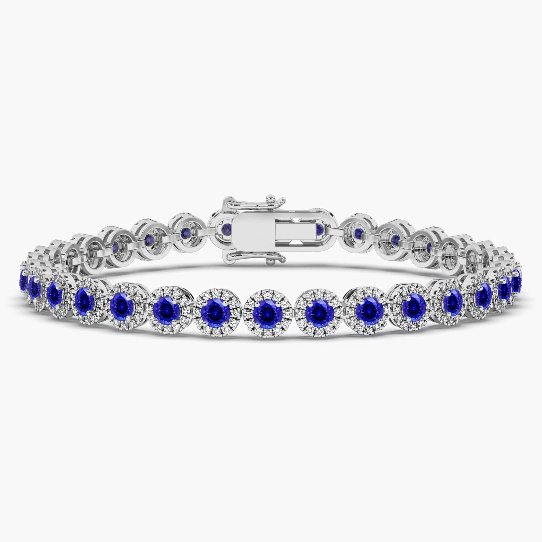 White Gold Womens Round Blue Sapphire Diamond Tennis Bracelet