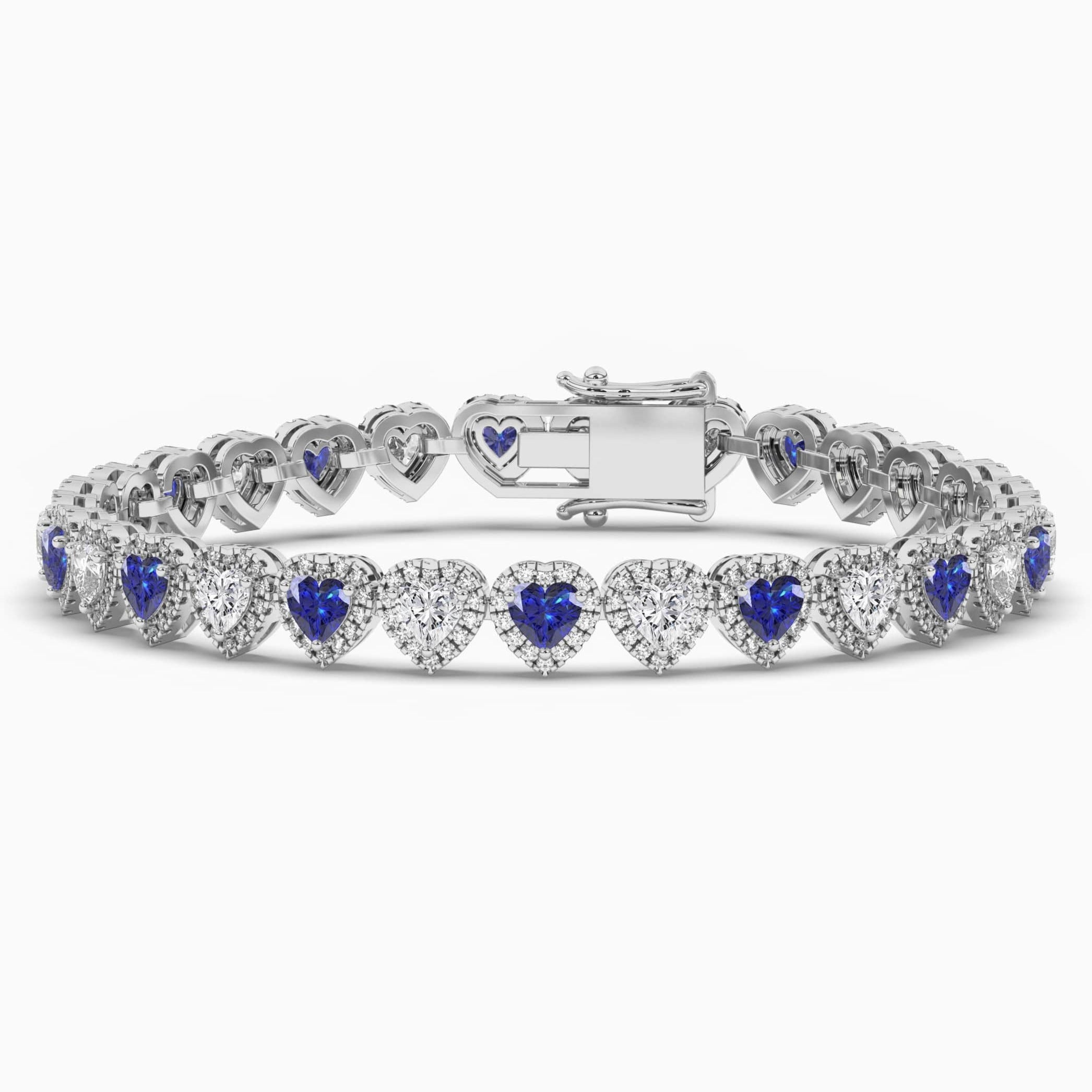 White Gold  Blue Sapphire Created Diamond Heart Cut Bracelet