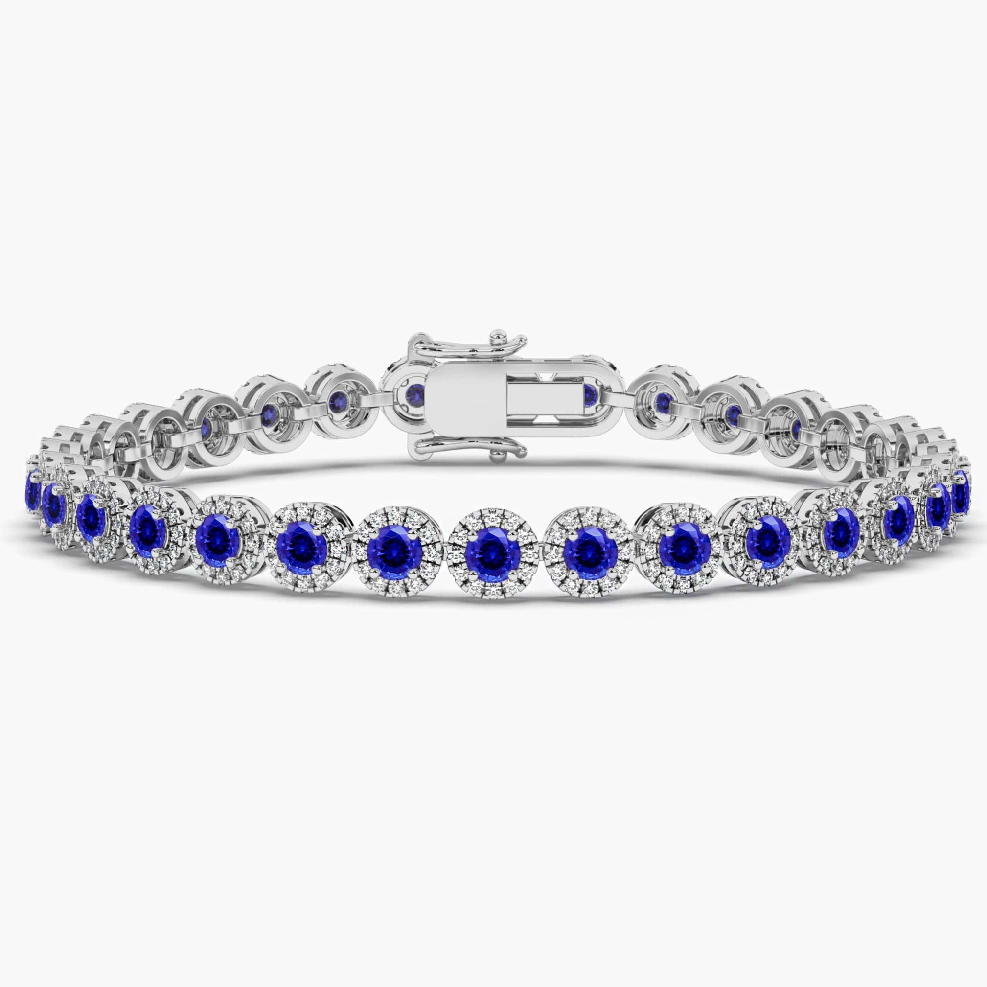 White Gold Womens Round Blue Sapphire Diamond Tennis Bracelet