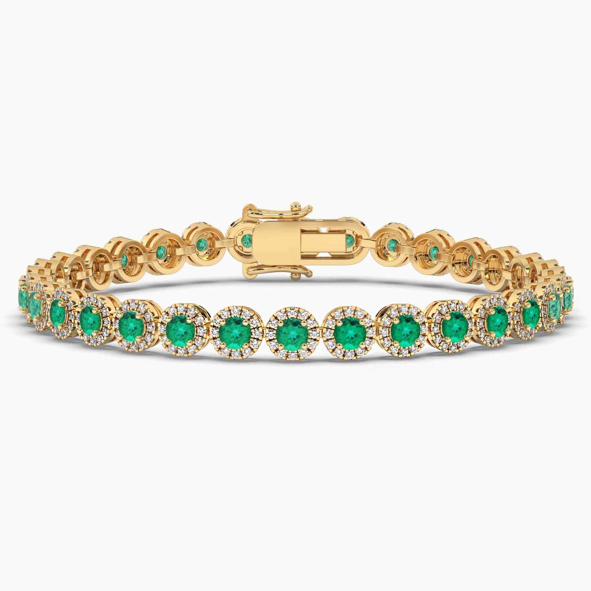 Round Cut Emerald and Diamond Halo Tennis Bracelet in Yellow Gold