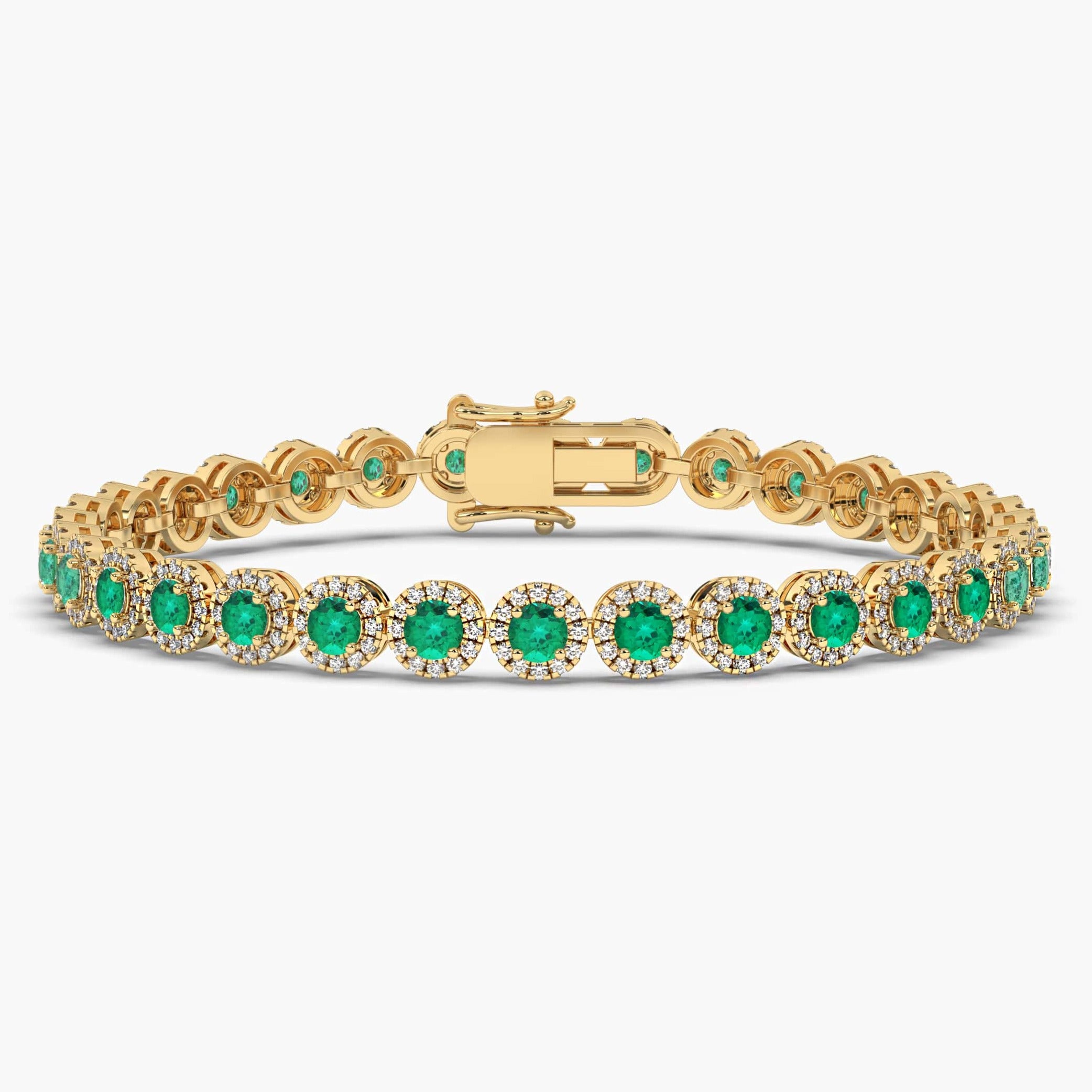 Round Cut Emerald and Diamond Halo Tennis Bracelet in Yellow Gold